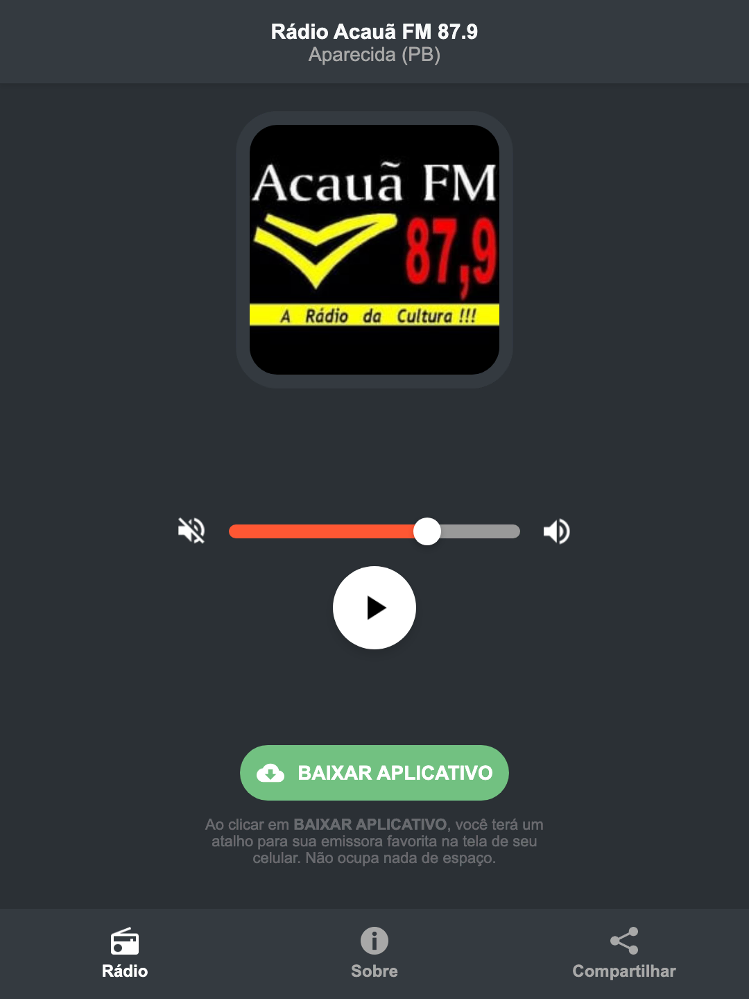 Screenshot do aplicativo da Rádio Acauã FM 87.9
