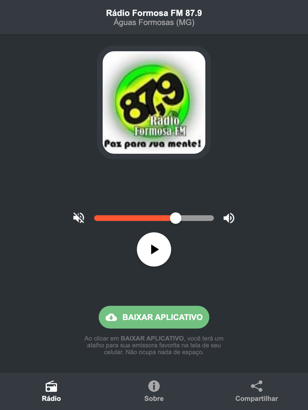 Screenshot do aplicativo da Rádio Formosa FM 87.9
