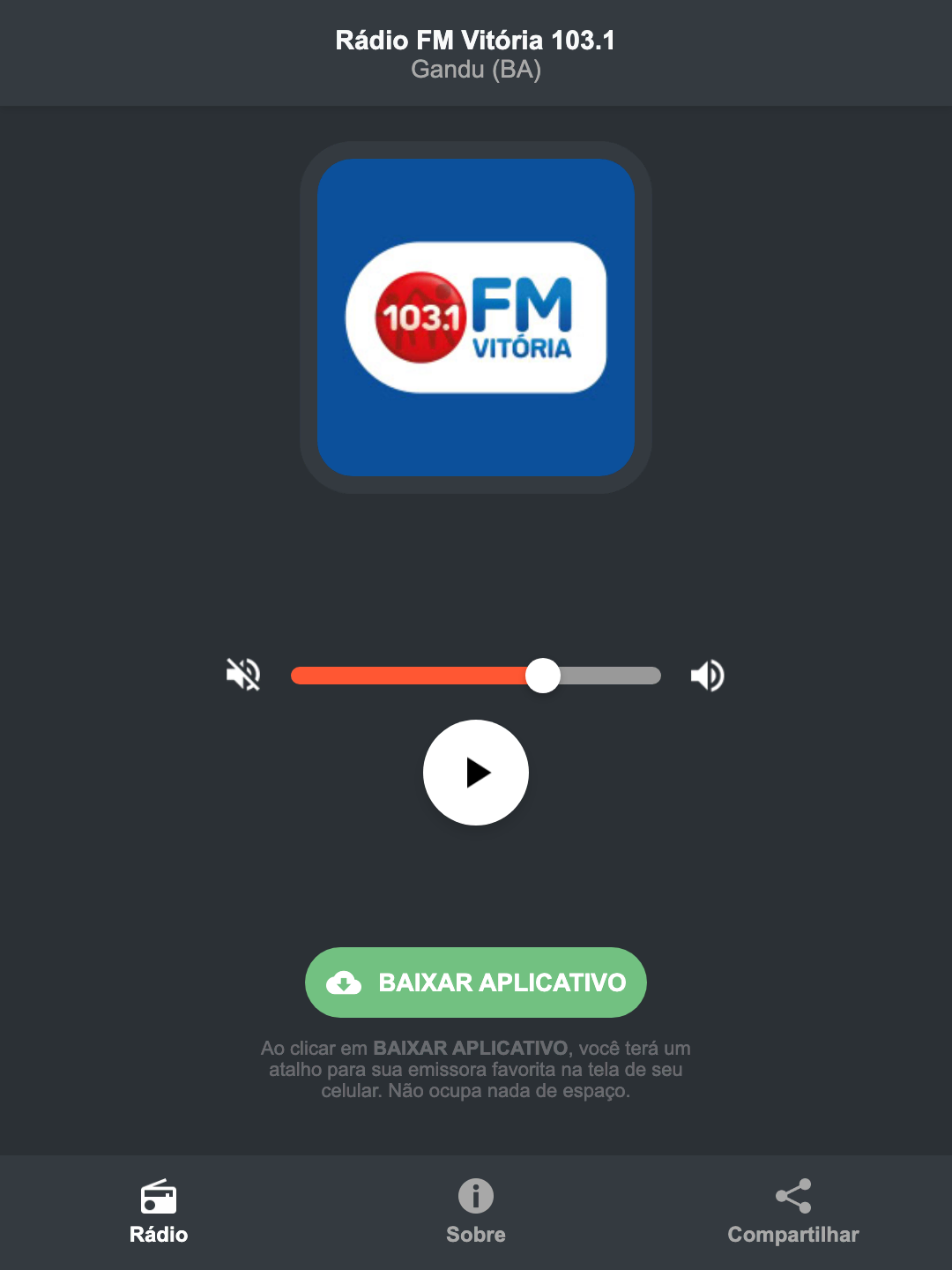 Screenshot do aplicativo da Rádio FM Vitória 103.1