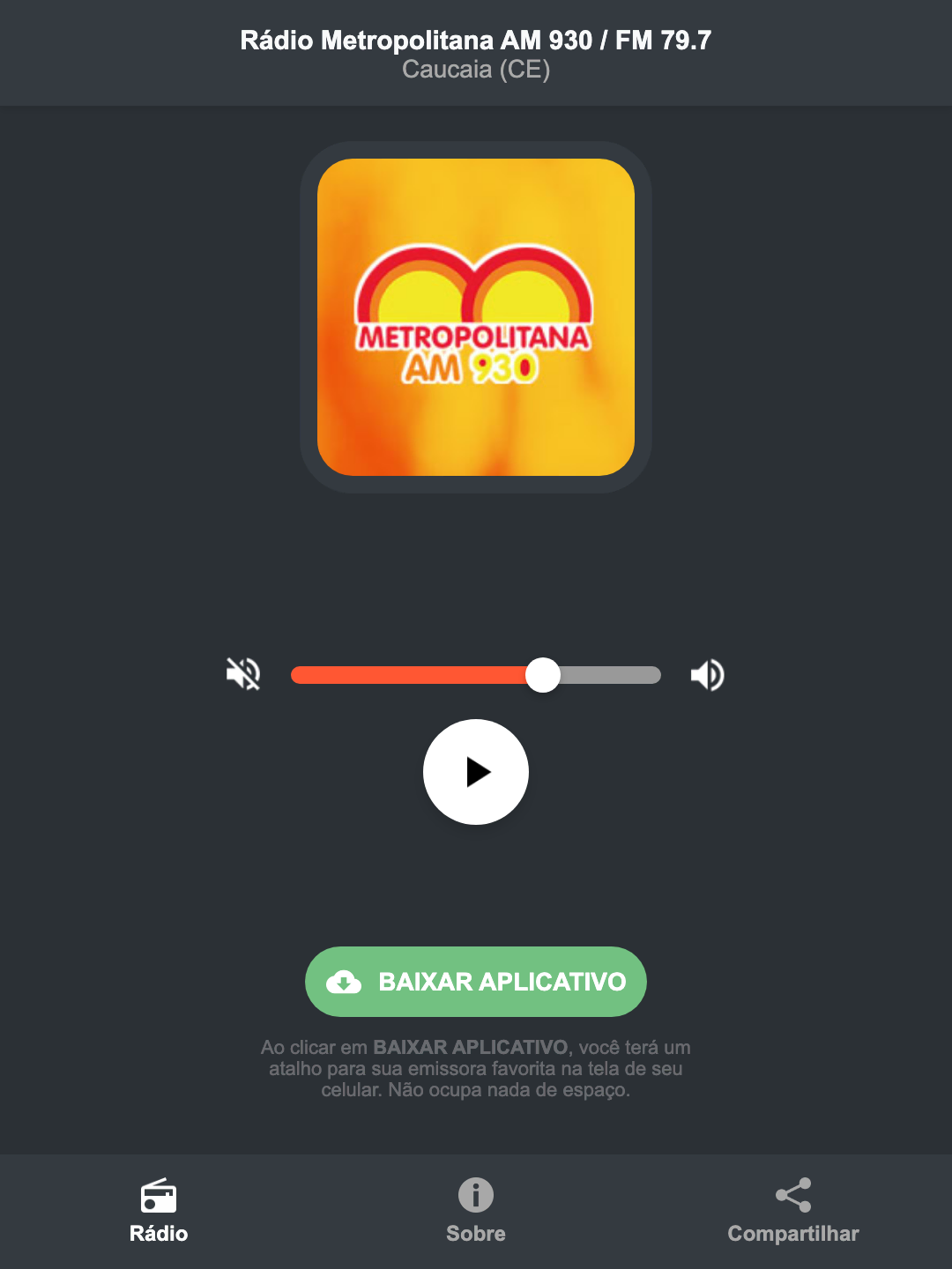 Screenshot do aplicativo da Rádio Metropolitana AM 930 / FM 79.7
