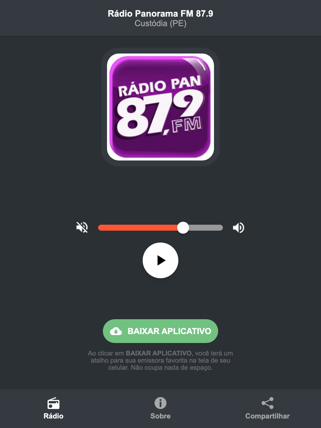 Screenshot do aplicativo da Rádio Panorama FM 87.9
