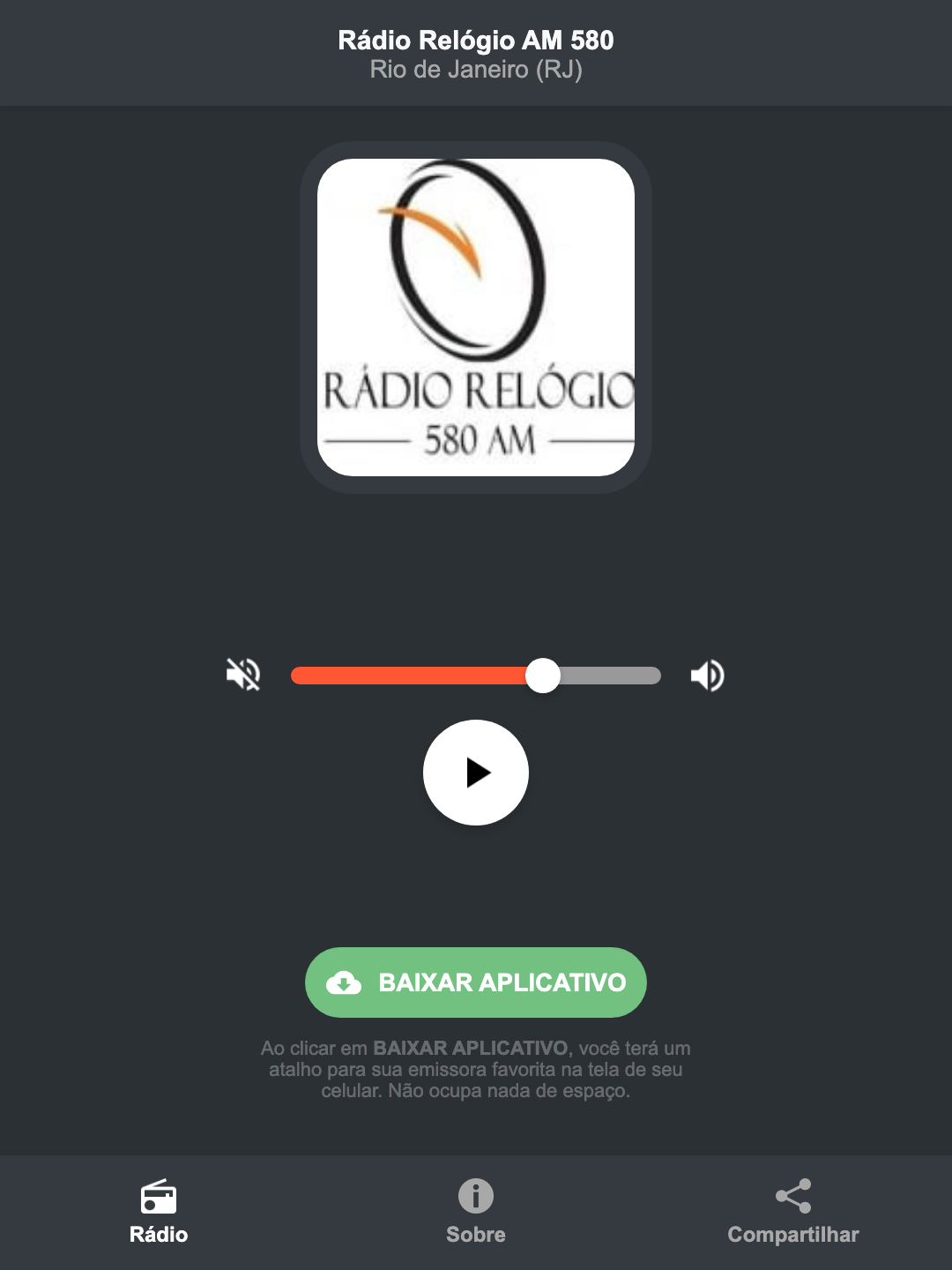 Screenshot do aplicativo da Rádio Relógio AM 580
