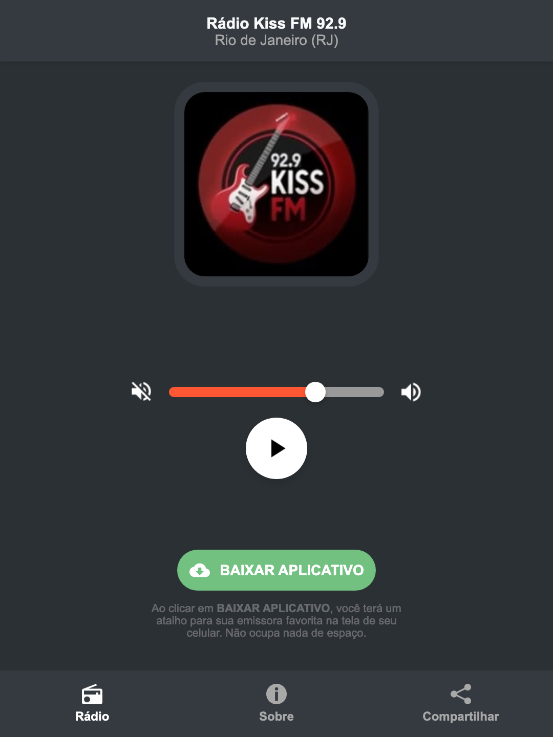 Screenshot do aplicativo da Rádio Kiss FM 92.9
