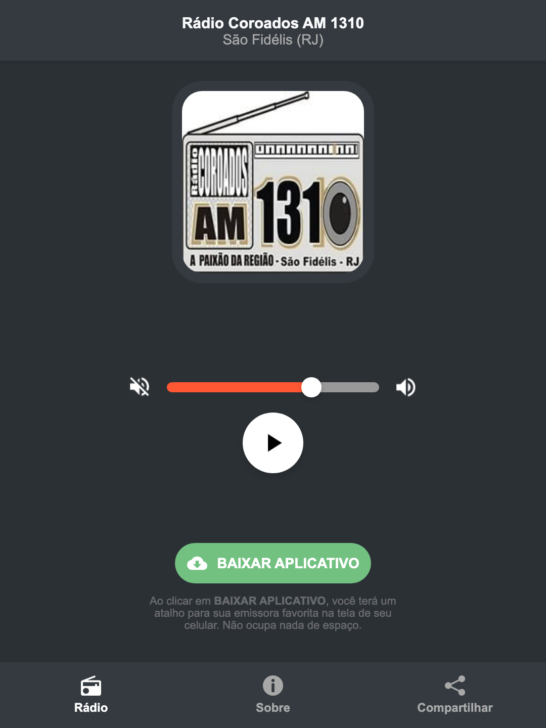 Screenshot do aplicativo da Rádio Coroados AM 1310