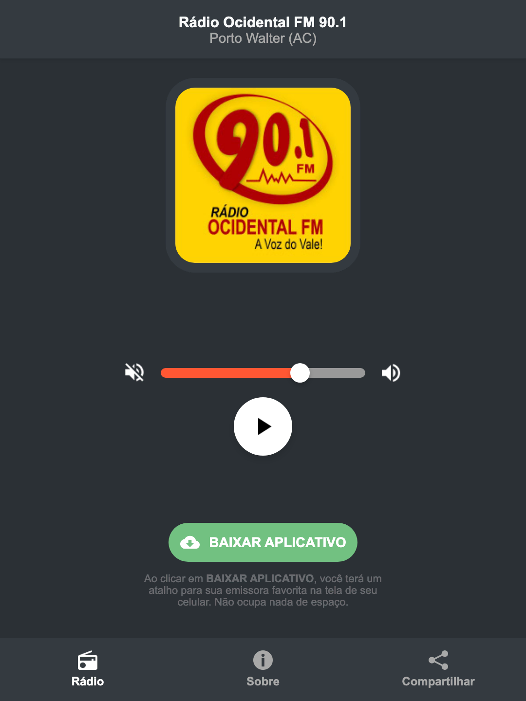 Screenshot do aplicativo da Rádio Ocidental FM 90.1
