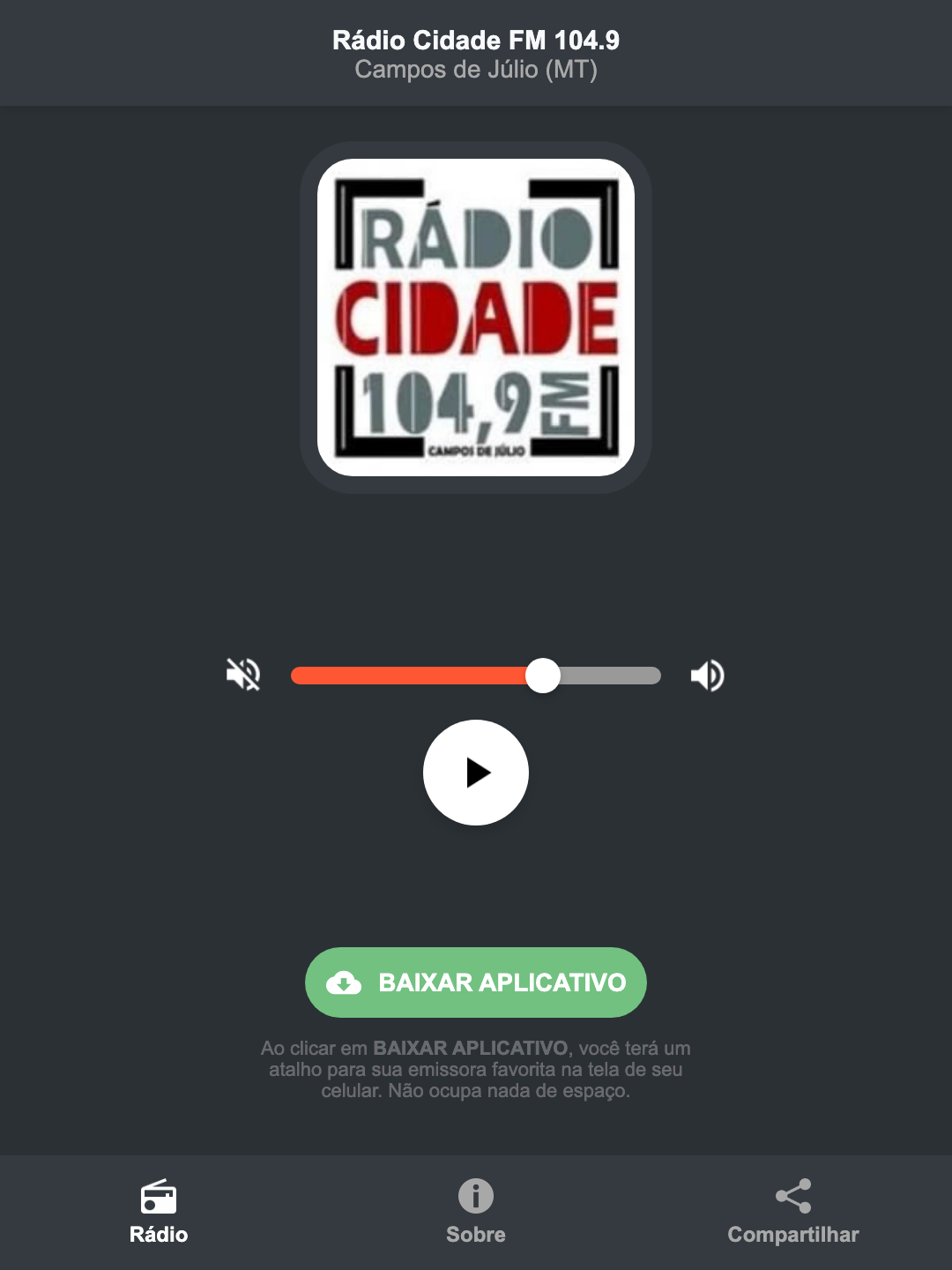 Screenshot do aplicativo da Rádio Cidade FM 104.9