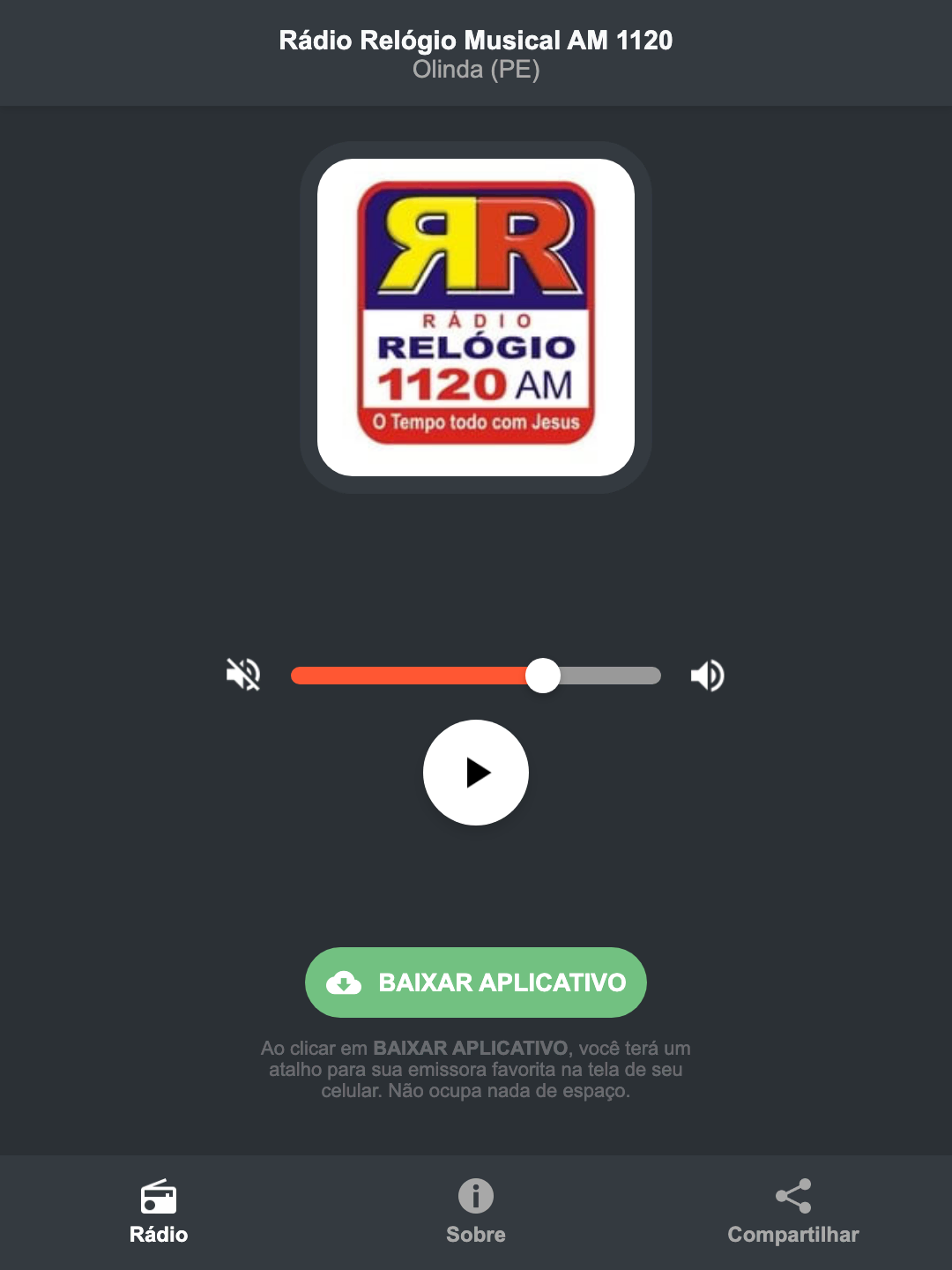 Screenshot do aplicativo da Rádio Relógio Musical AM 1120