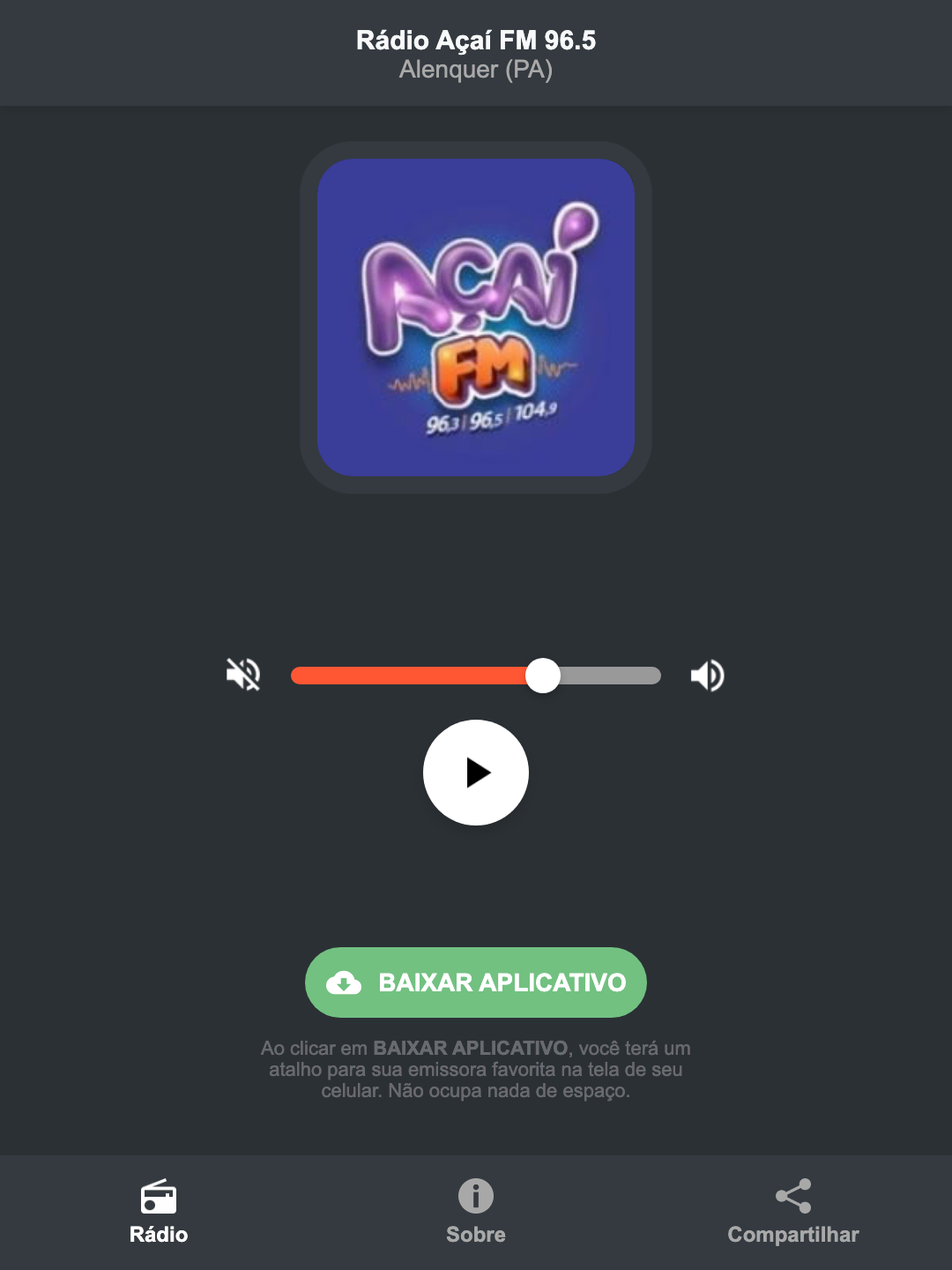 Screenshot do aplicativo da Rádio Açaí FM 96.5