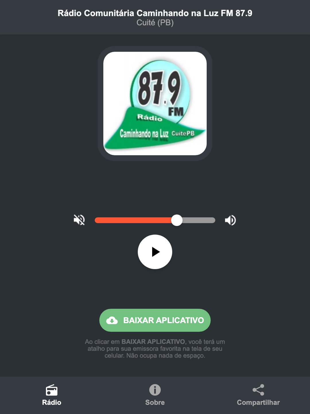 Screenshot do aplicativo da Rádio Comunitária Caminhando na Luz FM 87.9