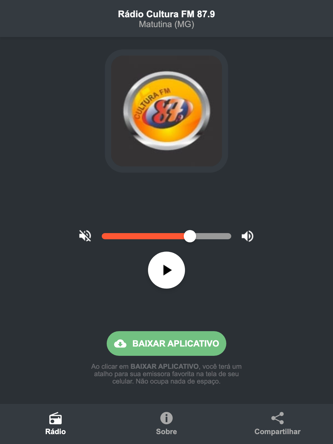 Screenshot do aplicativo da Rádio Cultura FM 87.9