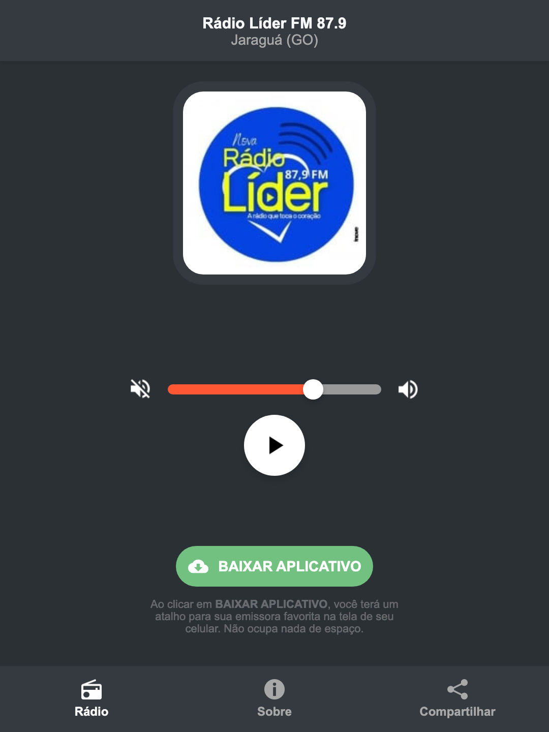 Screenshot do aplicativo da Rádio Líder FM 87.9