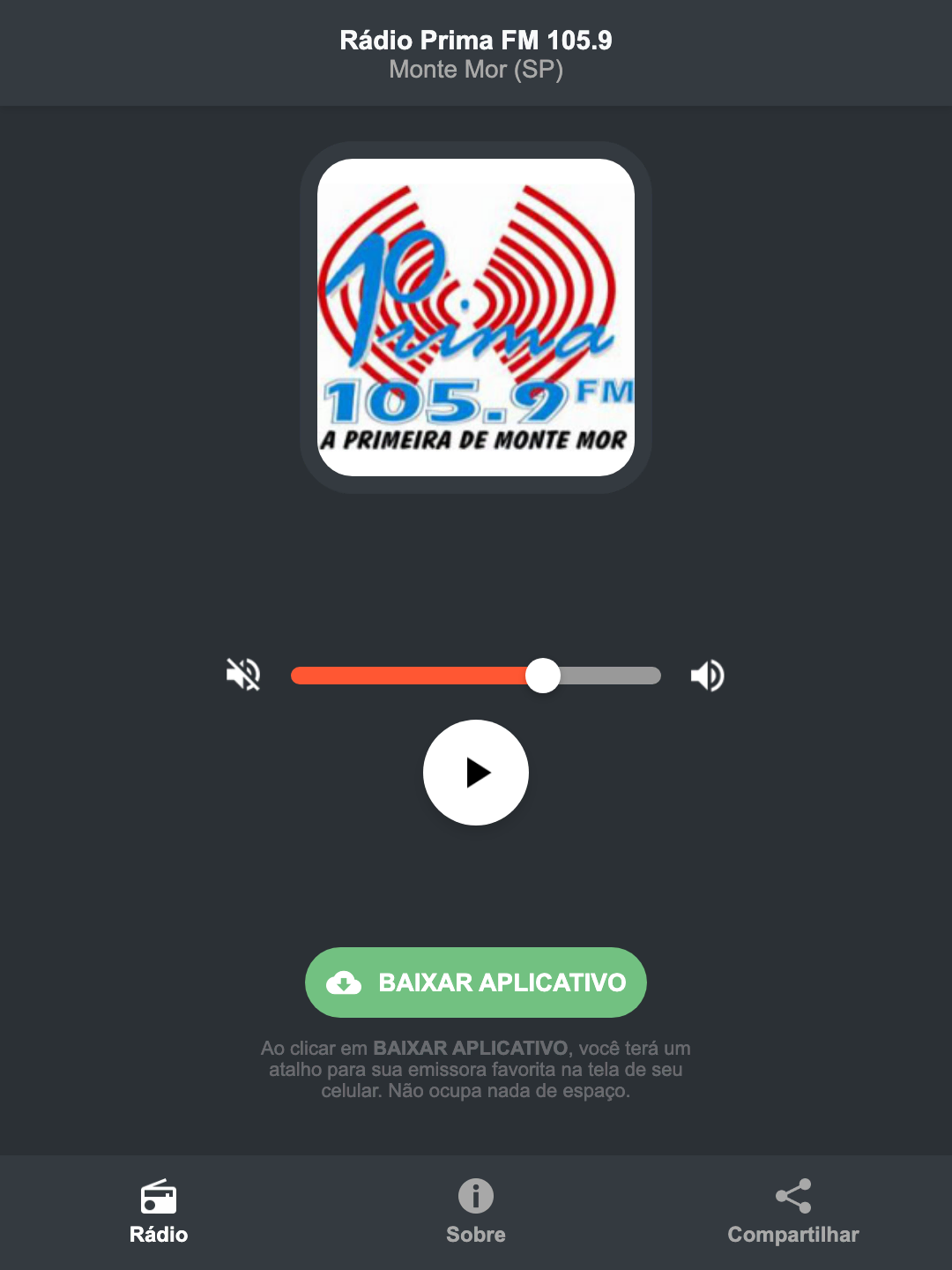 Screenshot do aplicativo da Rádio Prima FM 105.9