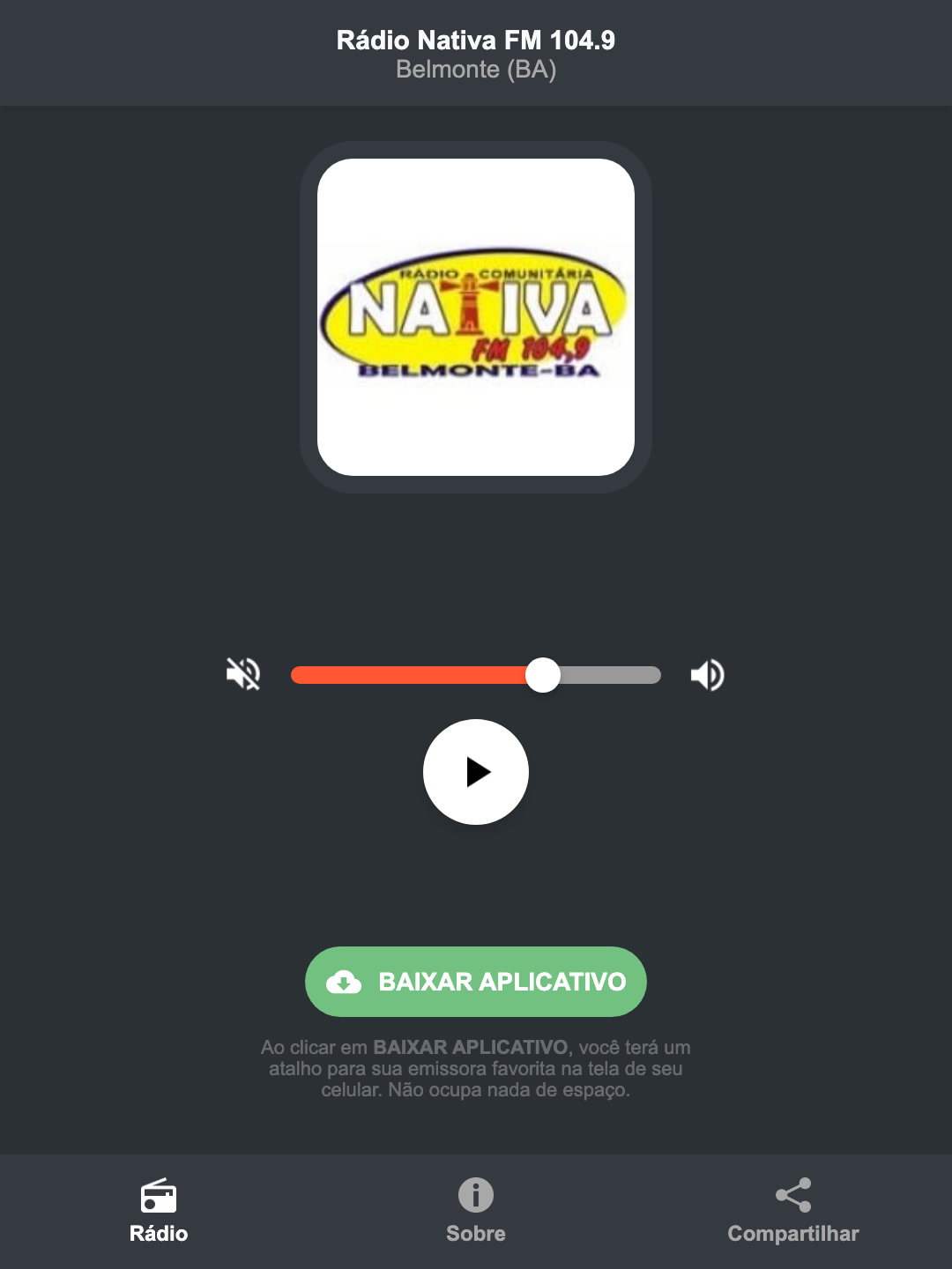 Screenshot do aplicativo da Rádio Nativa FM 104.9