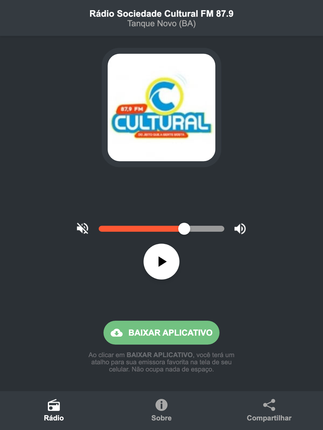 Screenshot do aplicativo da Rádio Sociedade Cultural FM 87.9