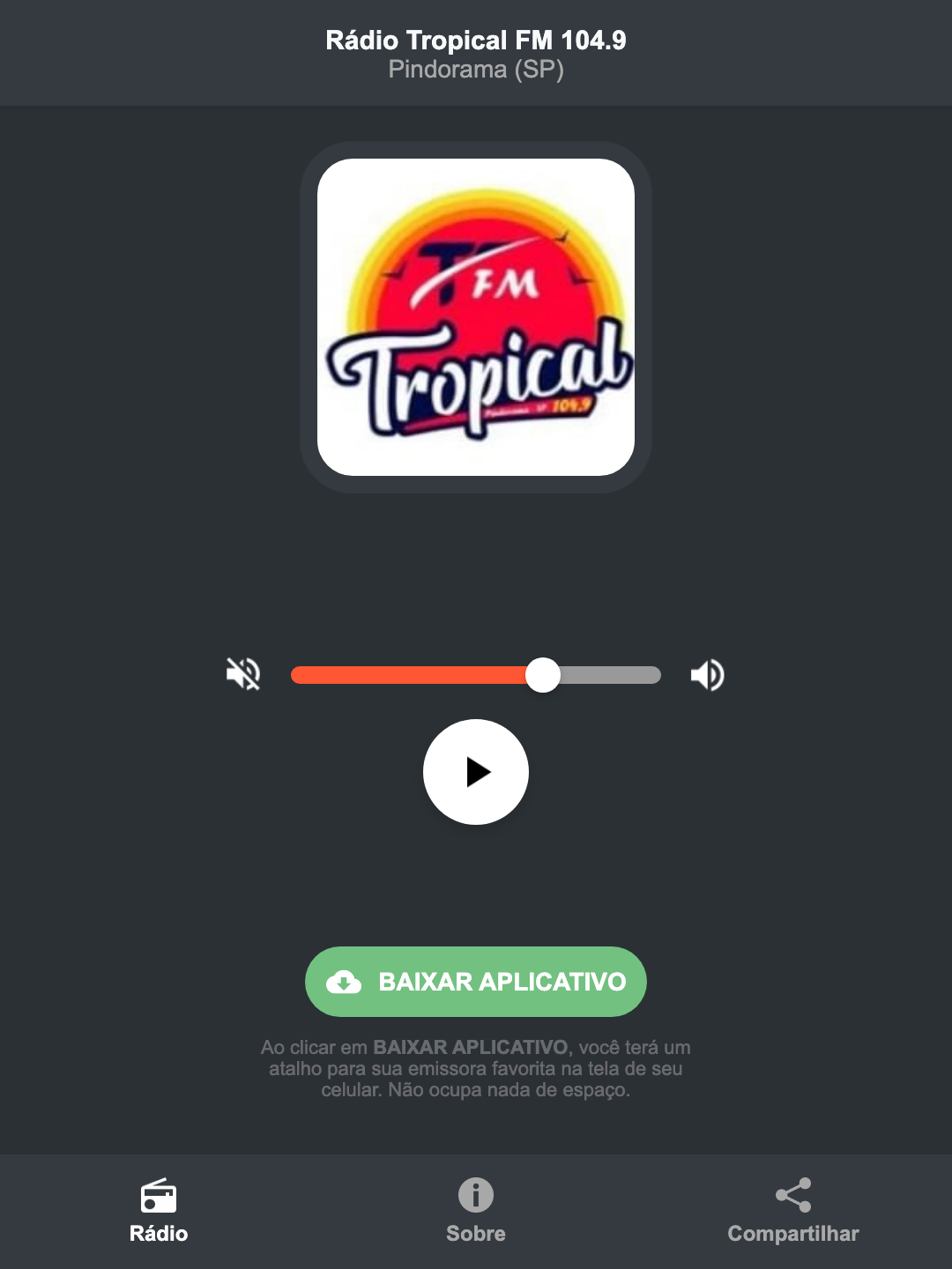 Screenshot do aplicativo da Rádio Tropical FM 104.9