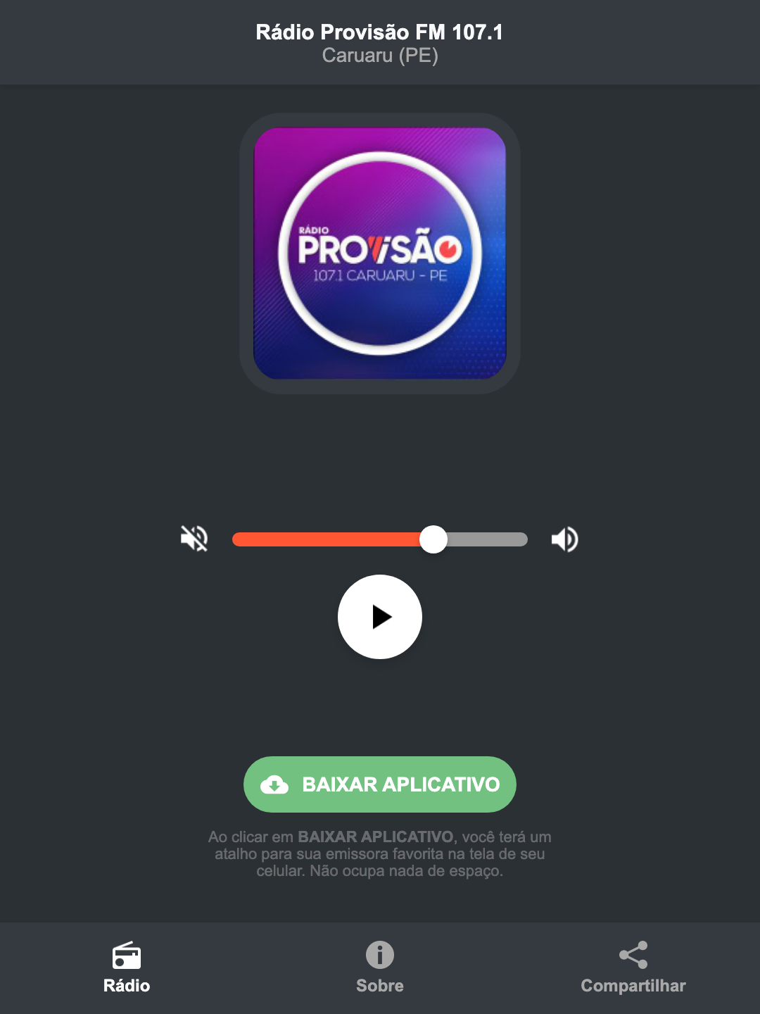 Screenshot do aplicativo da Rádio Provisão FM 107.1