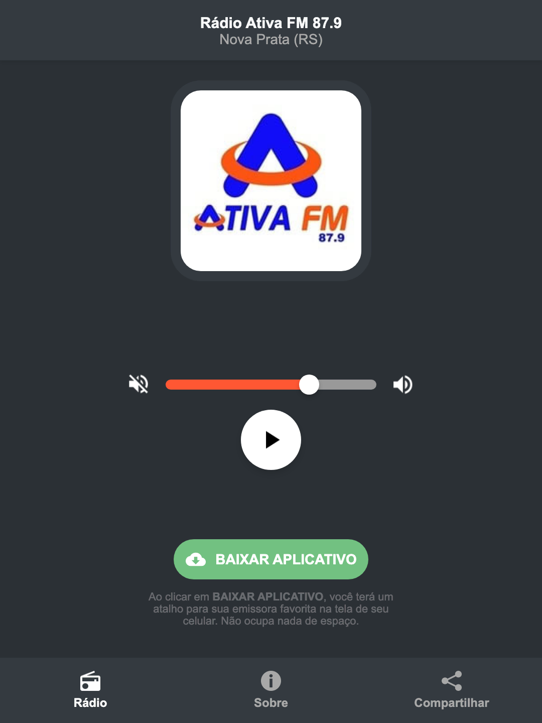 Screenshot do aplicativo da Rádio Ativa FM 87.9