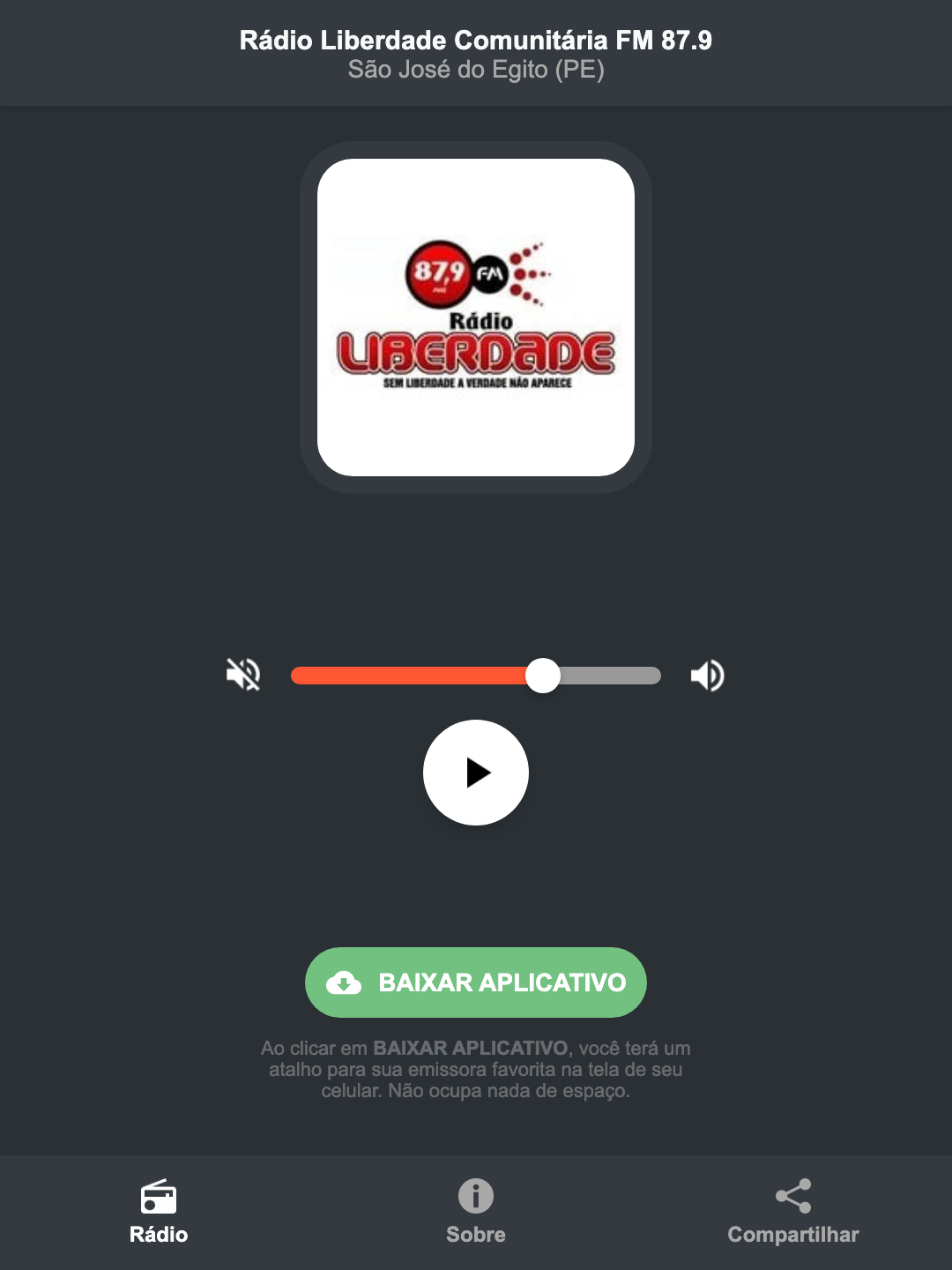 Screenshot do aplicativo da Rádio Liberdade Comunitária FM 87.9