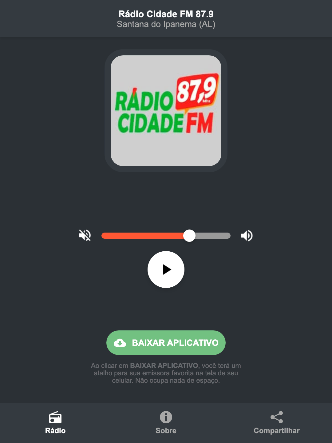 Screenshot do aplicativo da Rádio Cidade FM 87.9