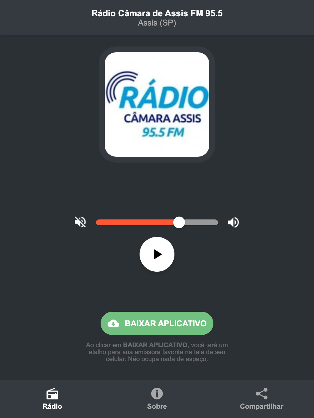 Screenshot do aplicativo da Rádio Câmara de Assis FM 95.5