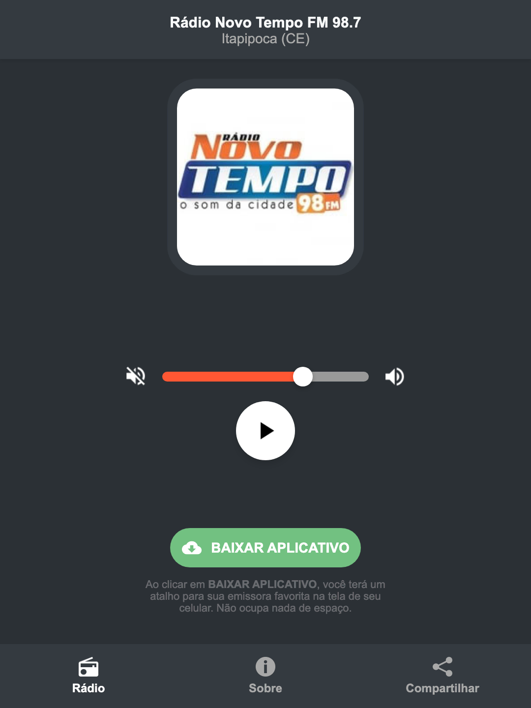 Screenshot do aplicativo da Rádio Novo Tempo FM 98.7