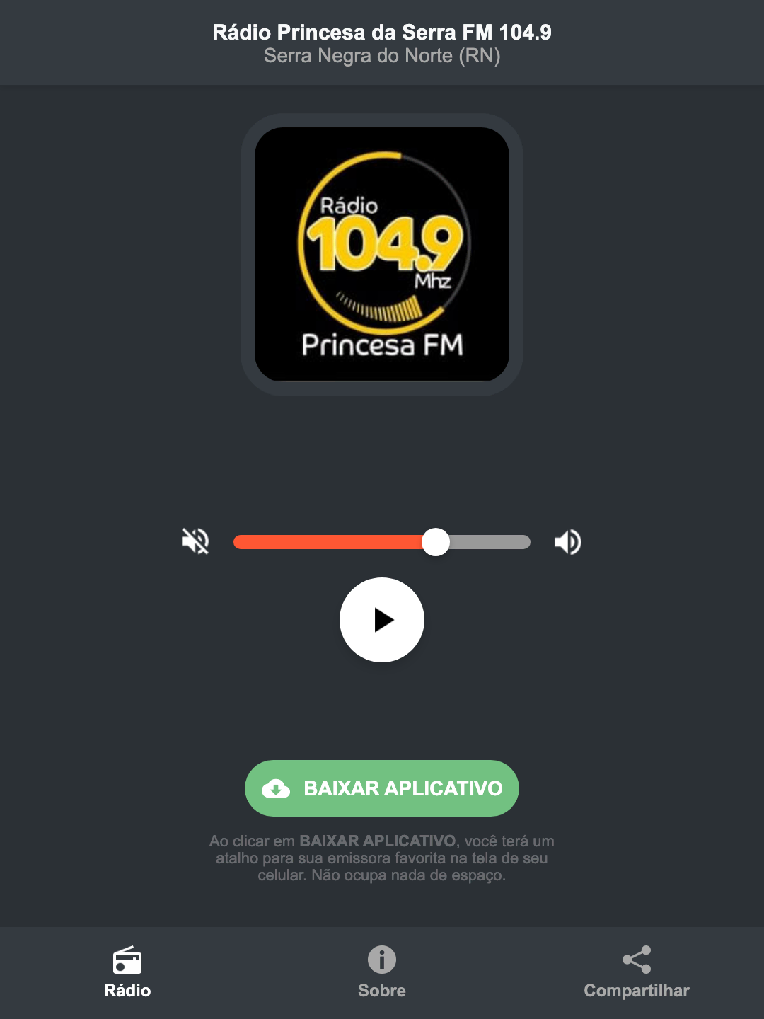 Screenshot do aplicativo da Rádio Princesa da Serra FM 104.9