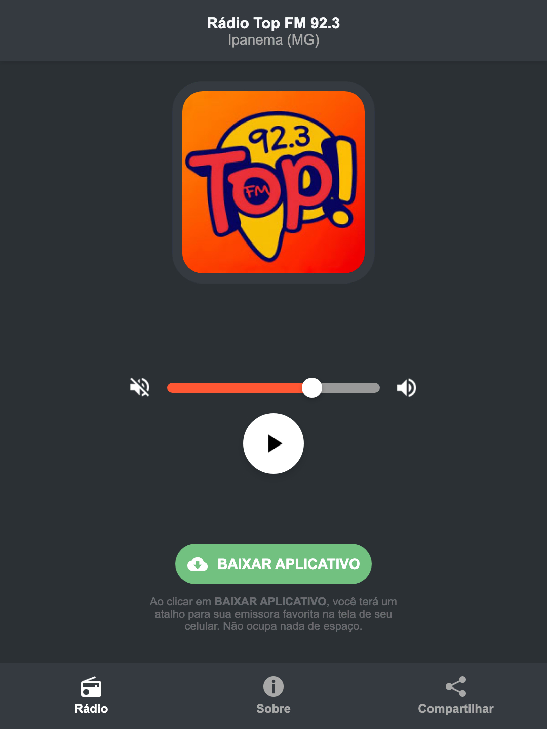 Screenshot do aplicativo da Rádio Top FM 92.3