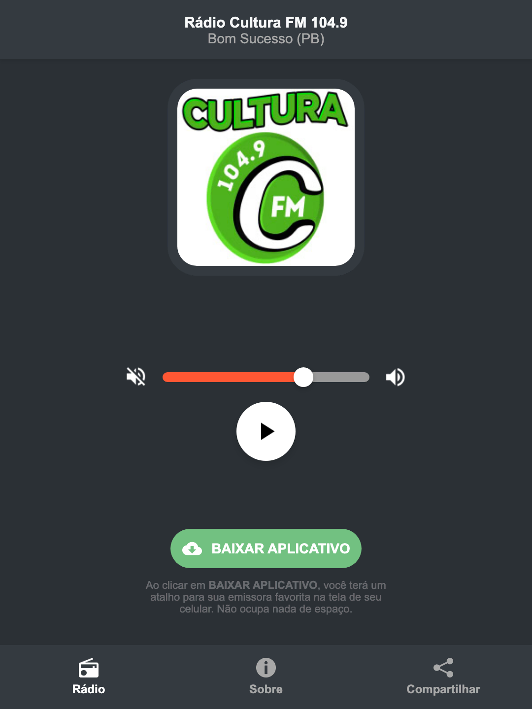 Screenshot do aplicativo da Rádio Cultura FM 104.9