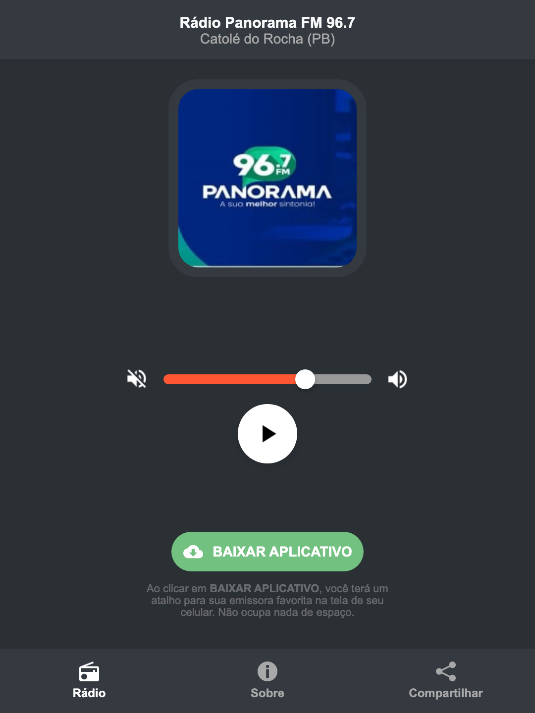 Screenshot do aplicativo da Rádio Panorama FM 96.7