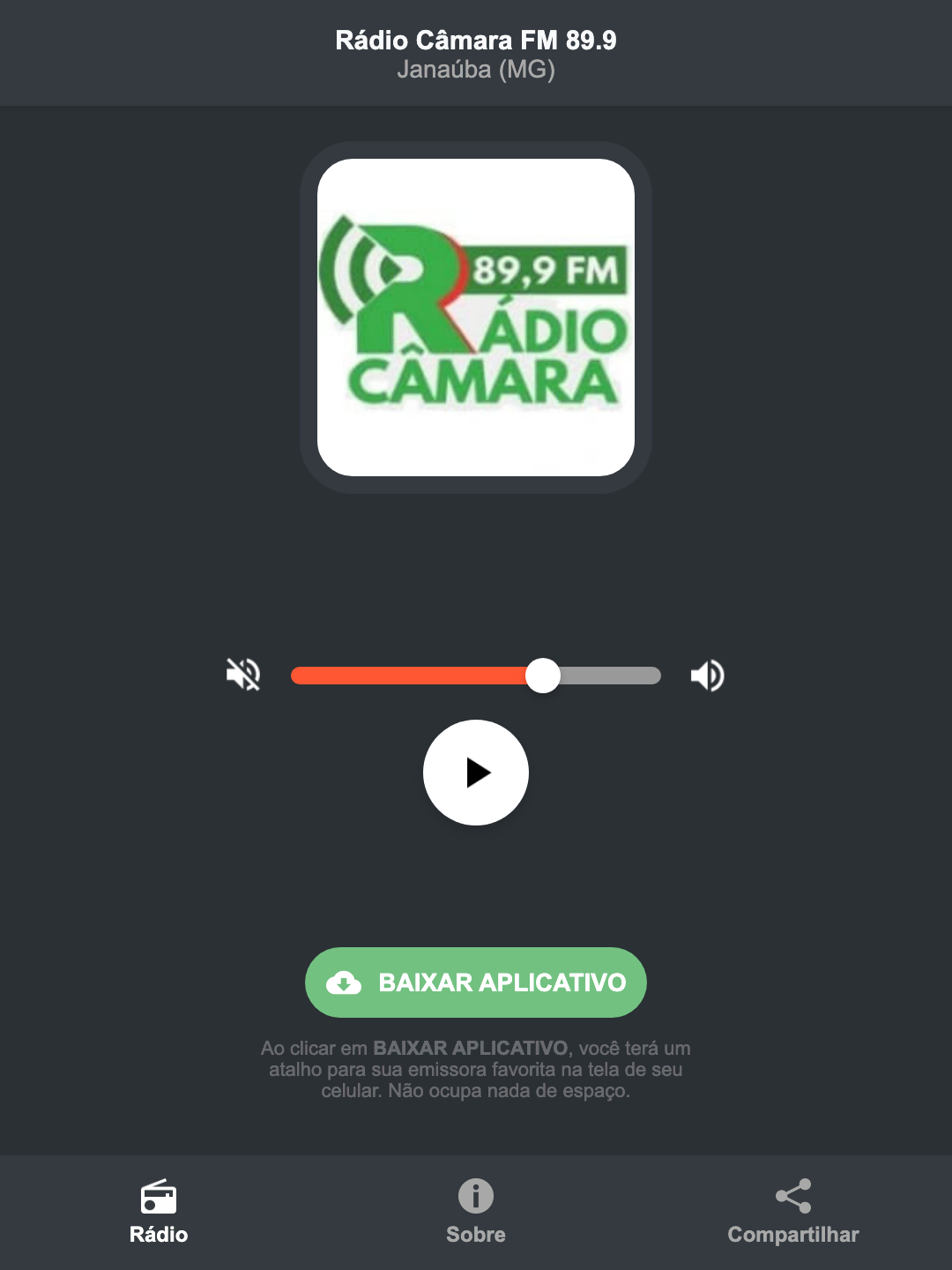 Screenshot do aplicativo da Rádio Câmara FM 89.9