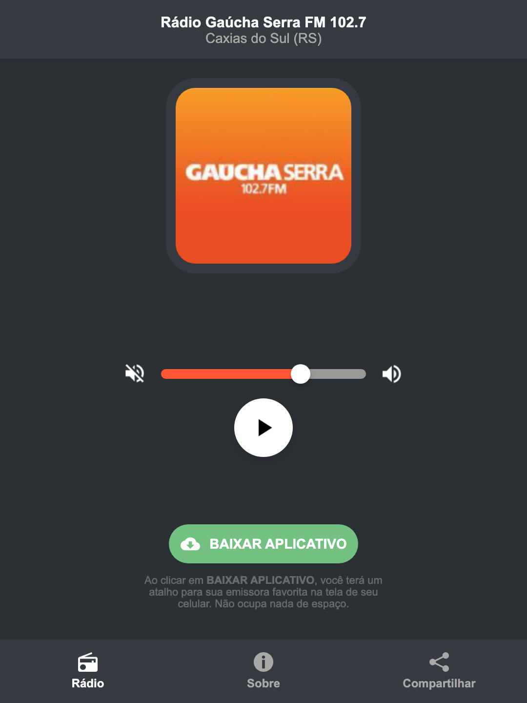 Screenshot do aplicativo da Rádio Gaúcha Serra FM 102.7