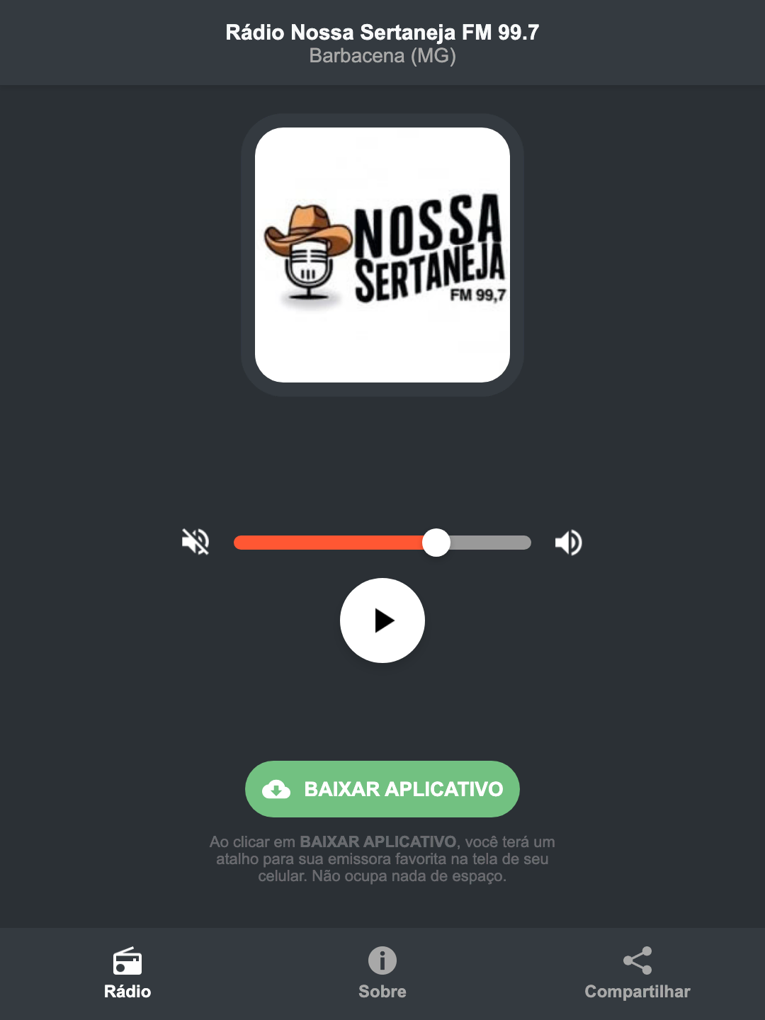 Screenshot do aplicativo da Rádio Nossa Sertaneja FM 99.7