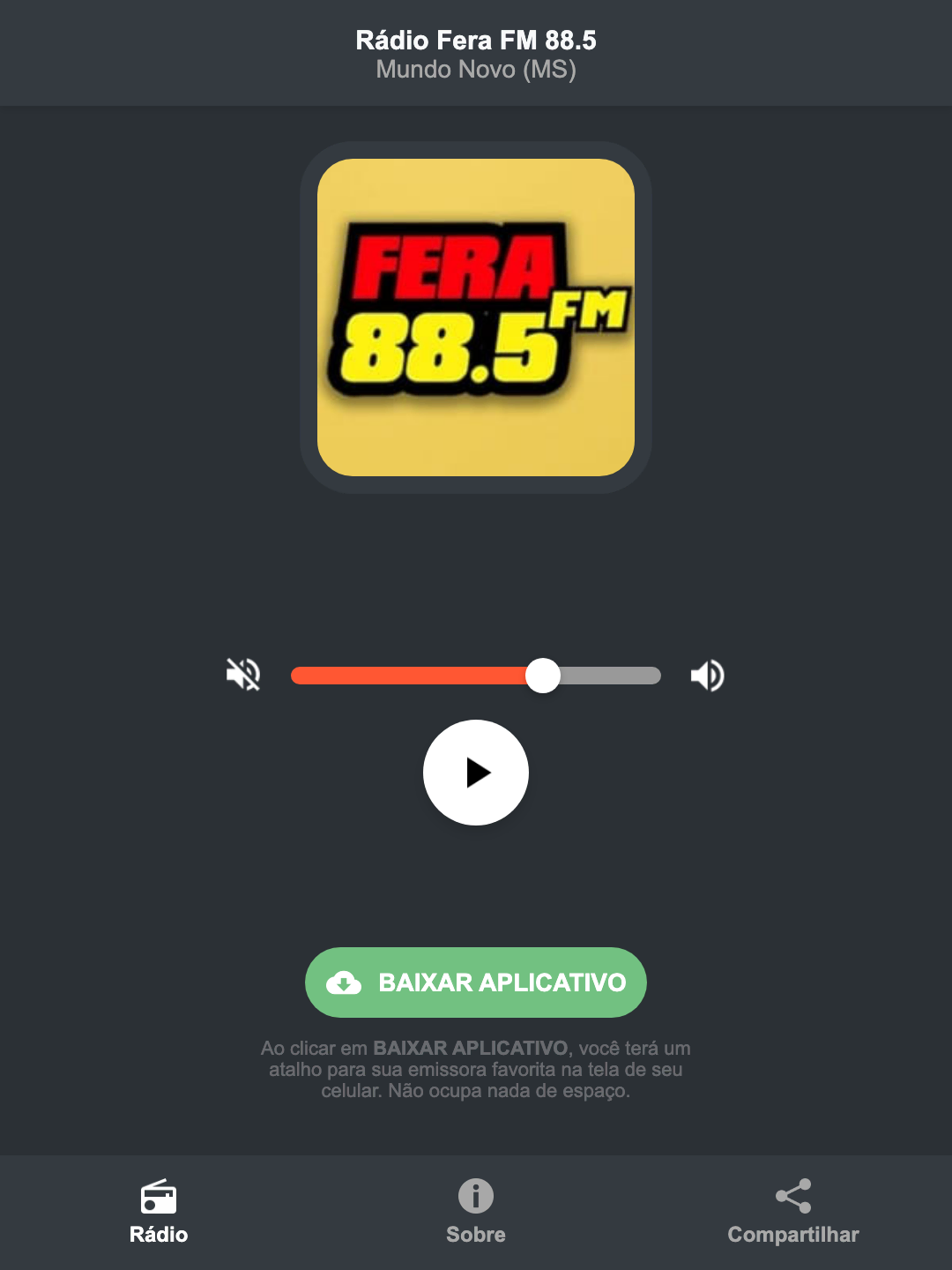 Screenshot do aplicativo da Rádio Fera FM 88.5