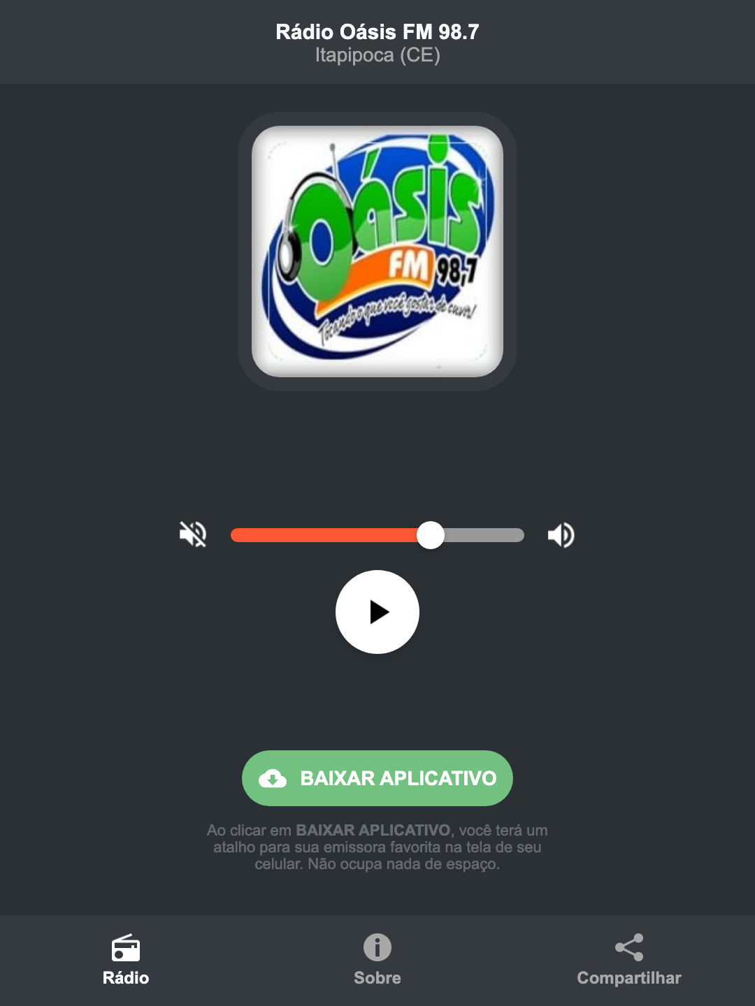 Screenshot do aplicativo da Rádio Oásis FM 98.7