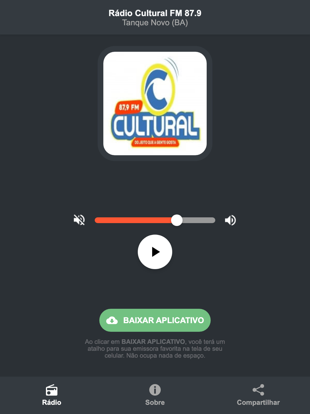 Screenshot do aplicativo da Rádio Cultural FM 87.9