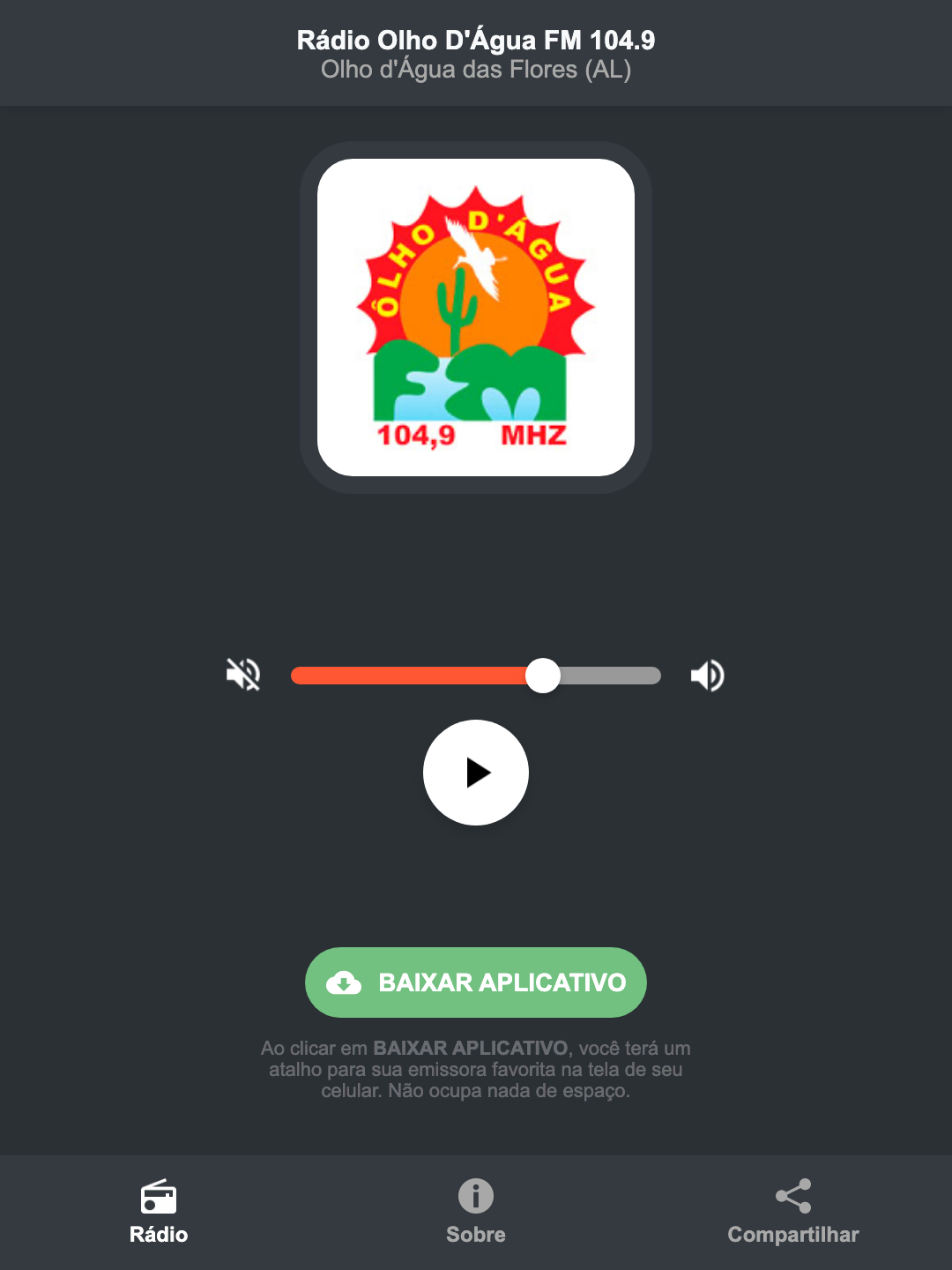 Screenshot do aplicativo da Rádio Olho D'Água FM 104.9