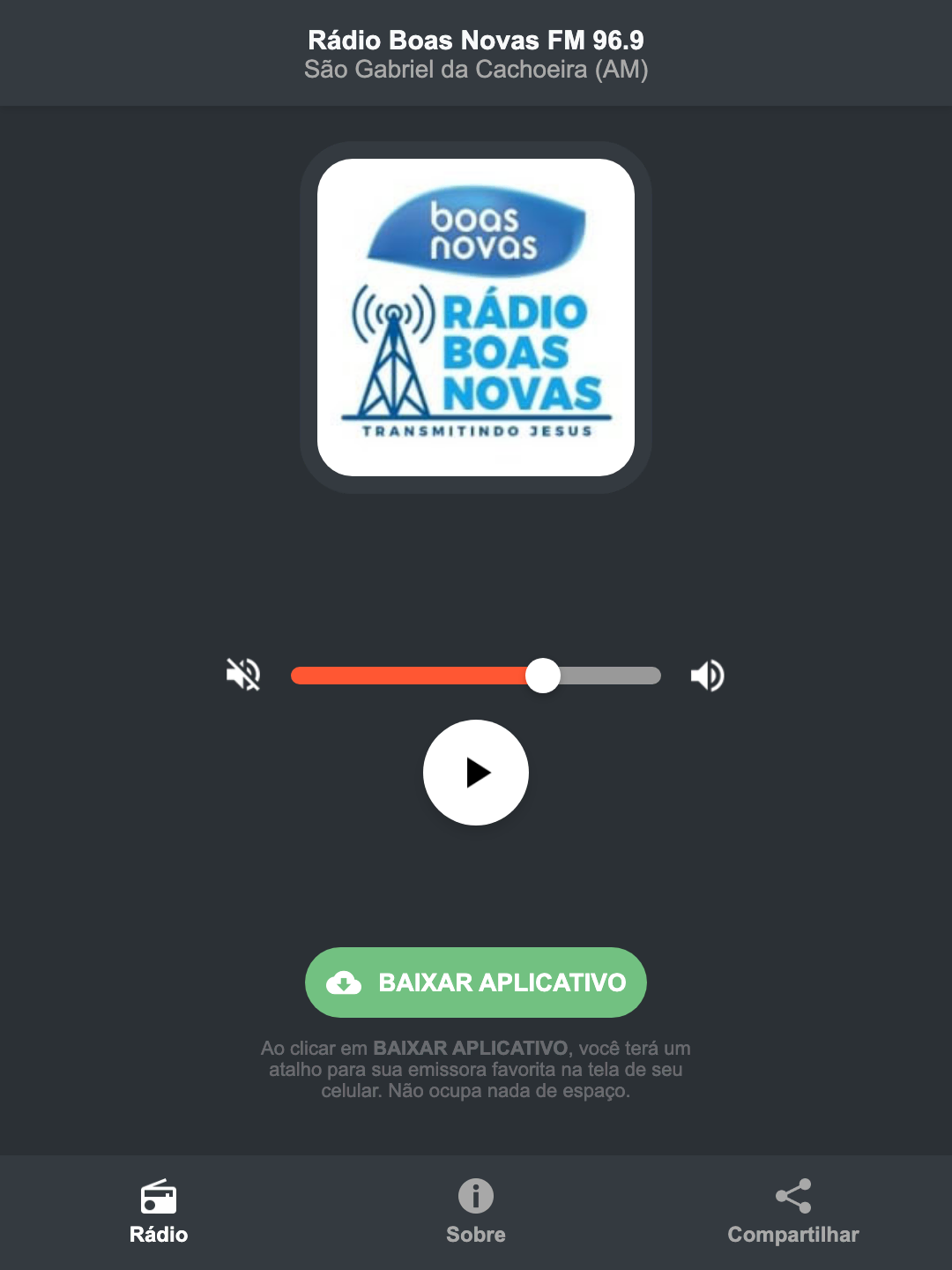 Screenshot do aplicativo da Rádio Boas Novas FM 96.9