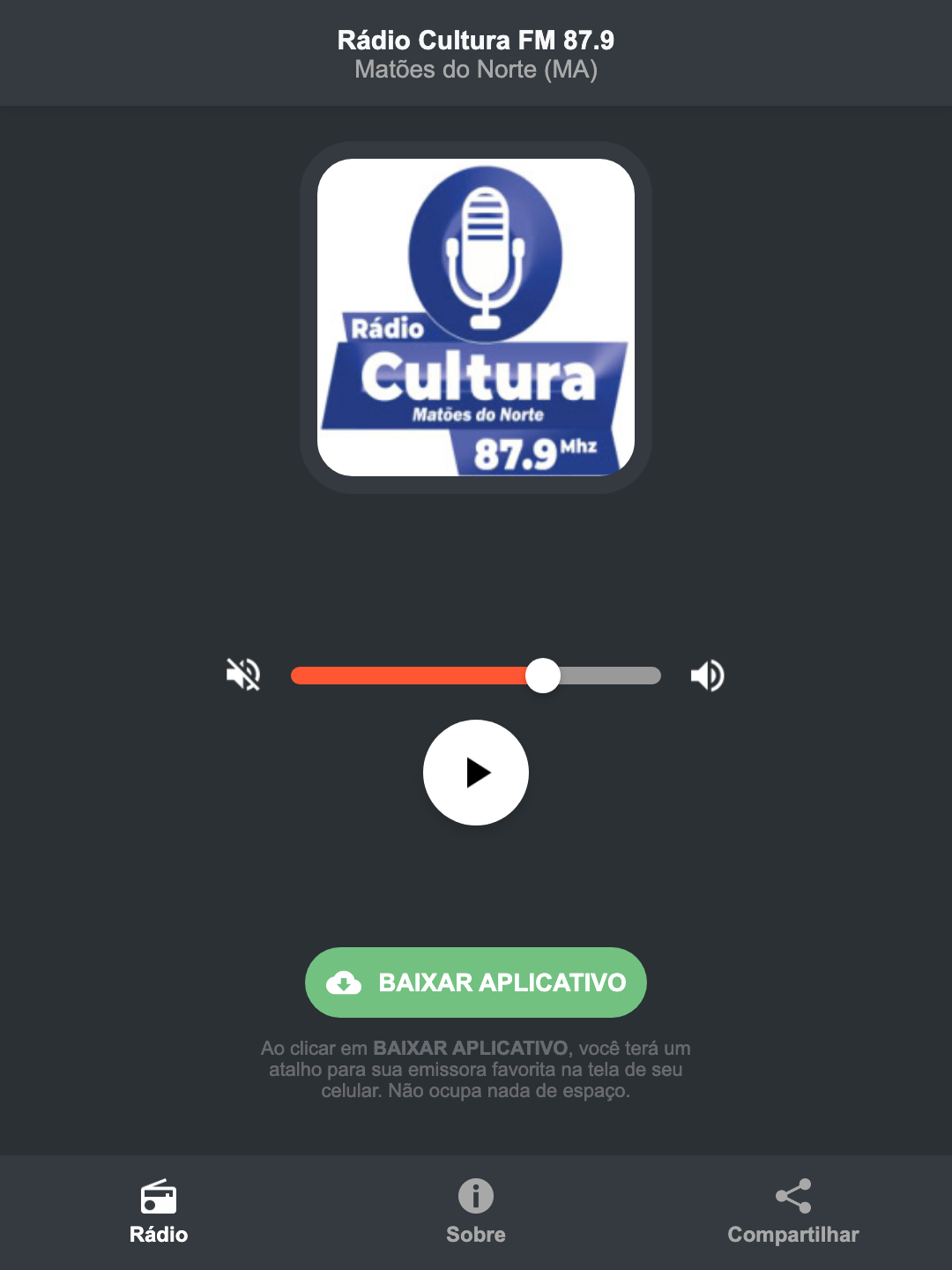 Screenshot do aplicativo da Rádio Cultura FM 87.9