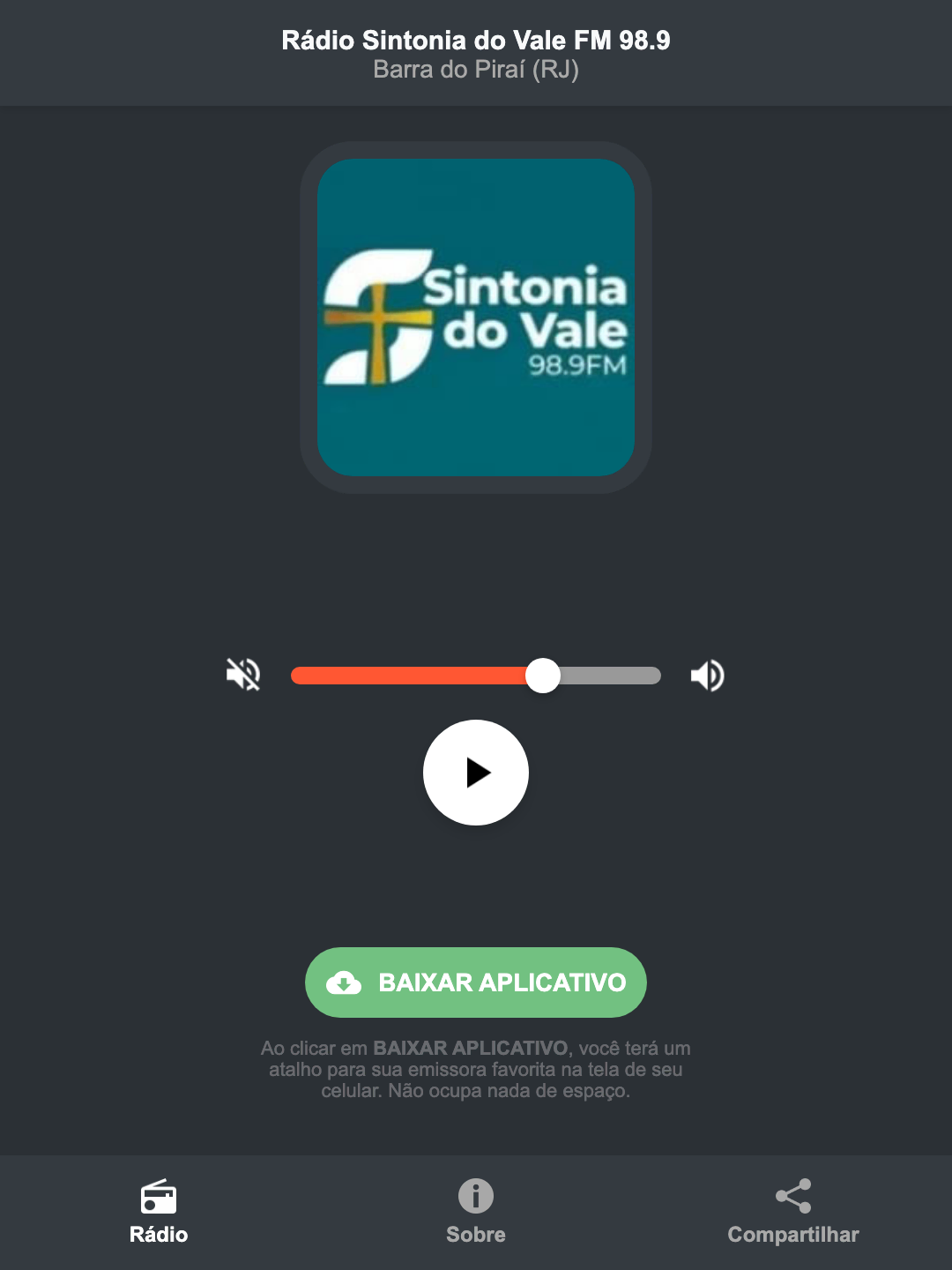 Screenshot do aplicativo da Rádio Sintonia do Vale FM 98.9