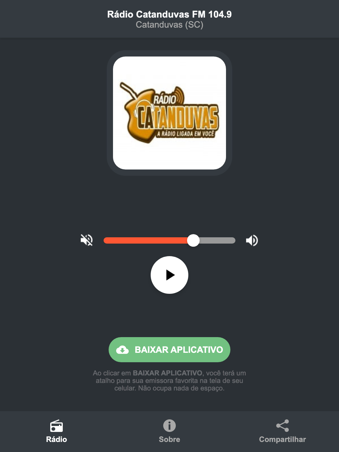 Screenshot do aplicativo da Rádio Catanduvas FM 104.9