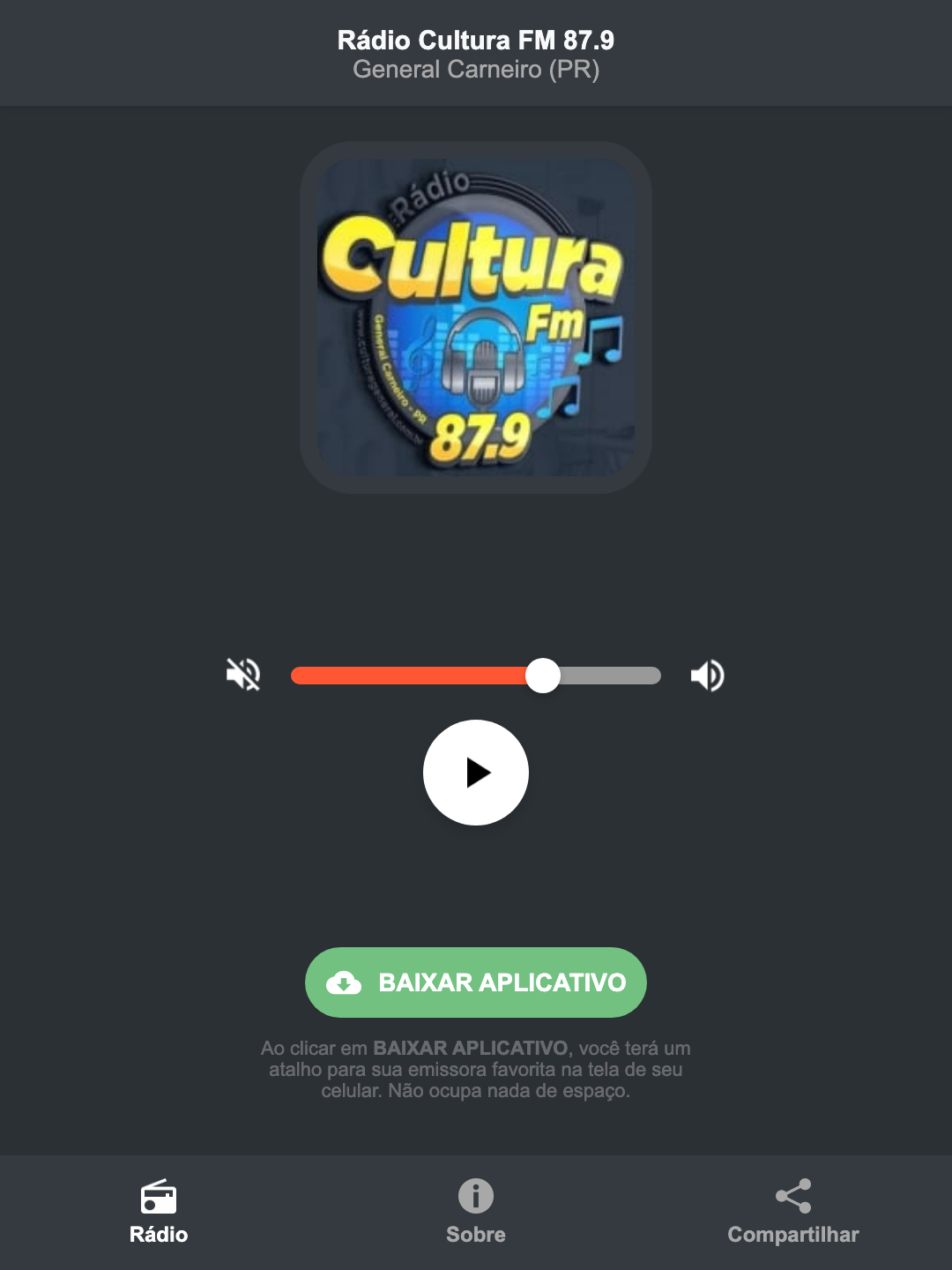 Screenshot do aplicativo da Rádio Cultura FM 87.9