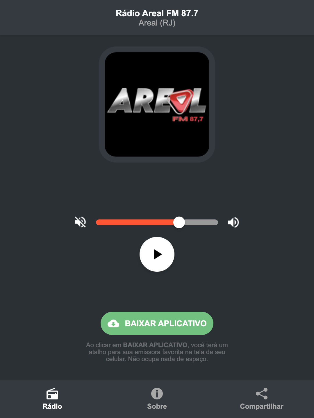 Screenshot do aplicativo da Rádio Areal FM 87.7