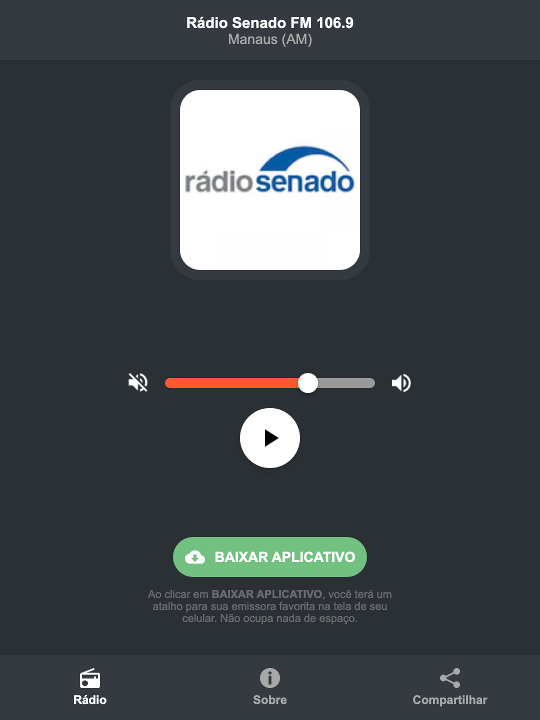 Screenshot do aplicativo da Rádio Senado FM 106.9
