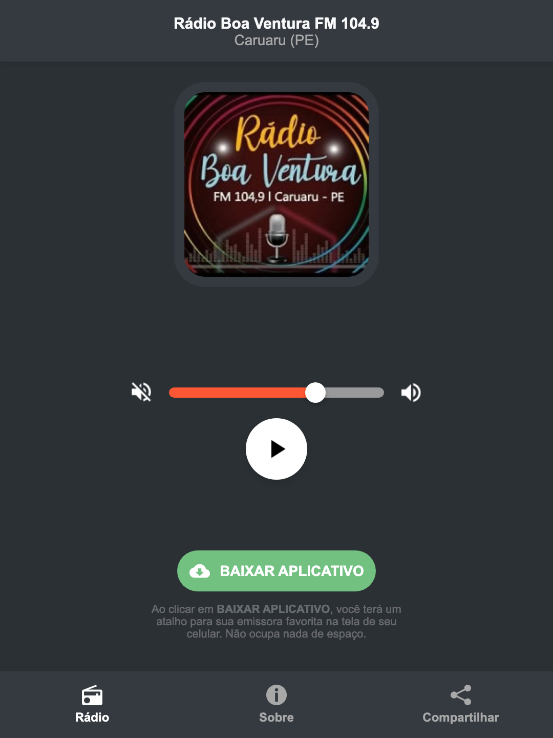 Screenshot do aplicativo da Rádio Boa Ventura FM 104.9