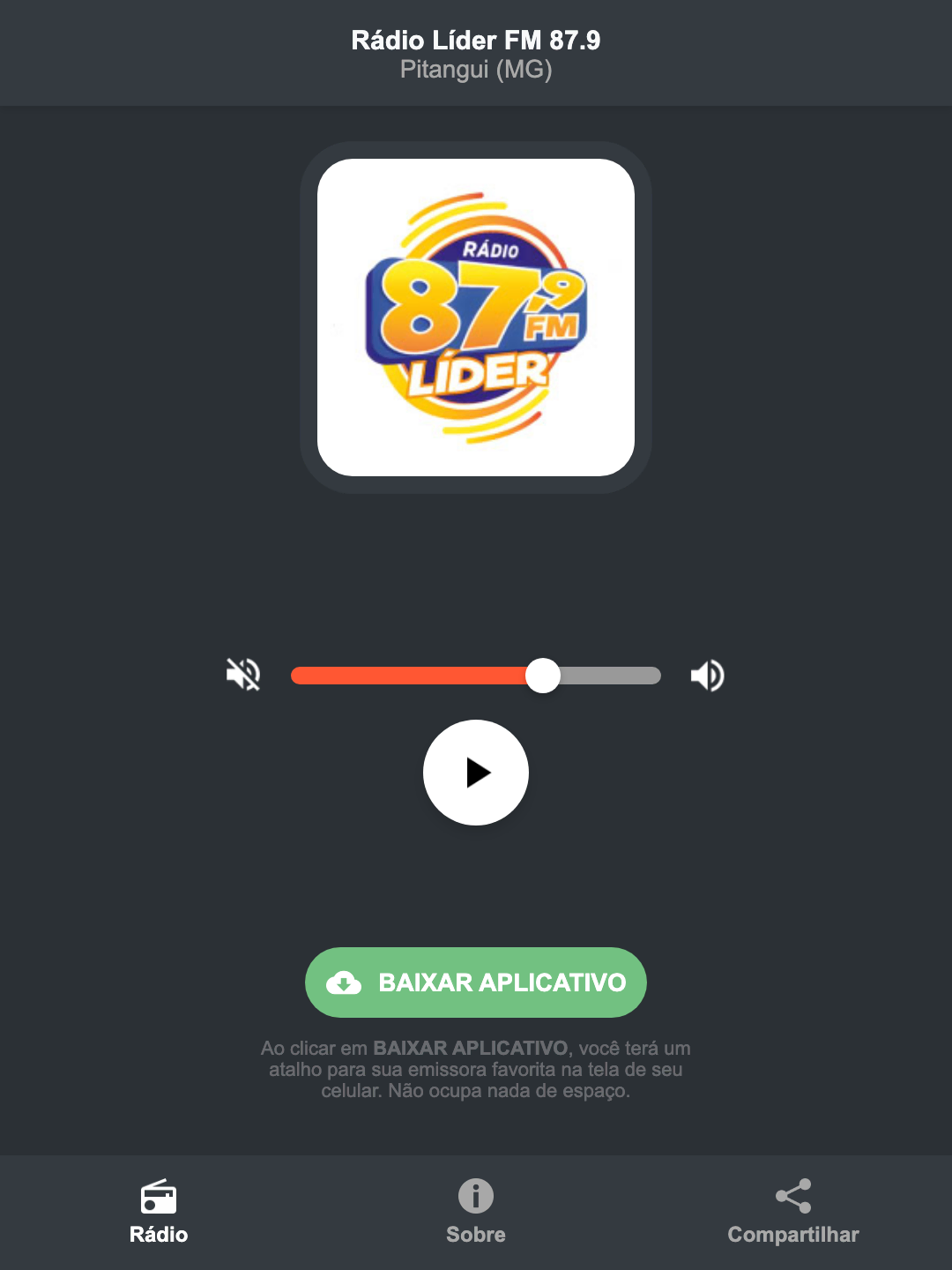 Screenshot do aplicativo da Rádio Líder FM 87.9