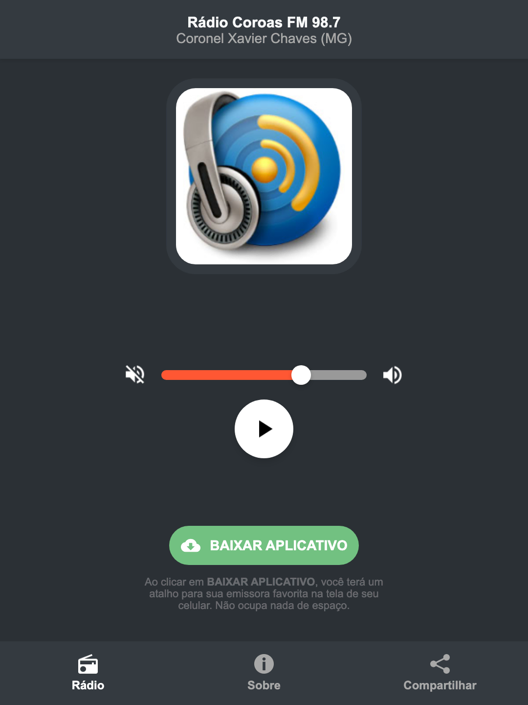 Screenshot do aplicativo da Rádio Coroas FM 98.7