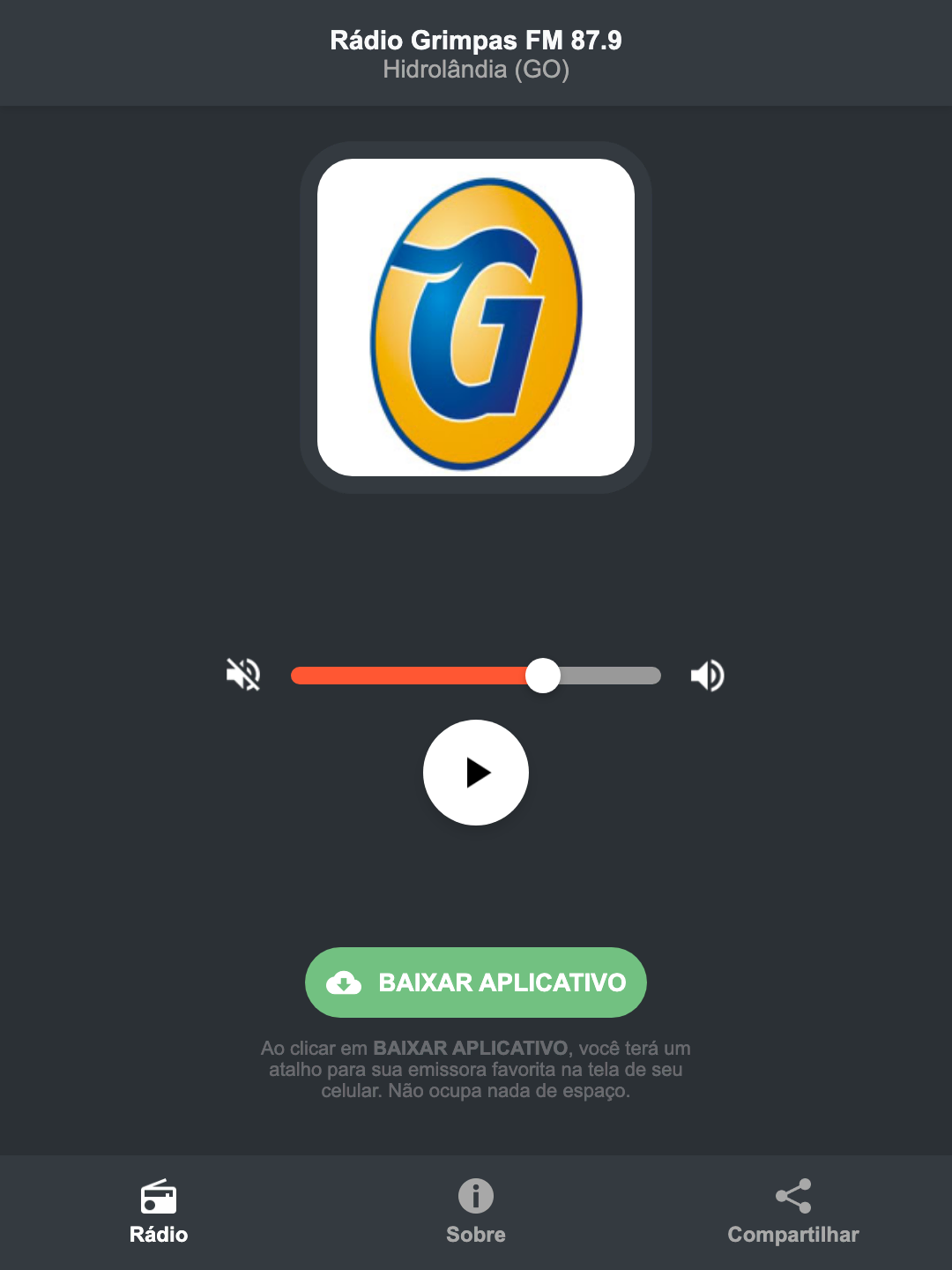 Screenshot do aplicativo da Rádio Grimpas FM 87.9