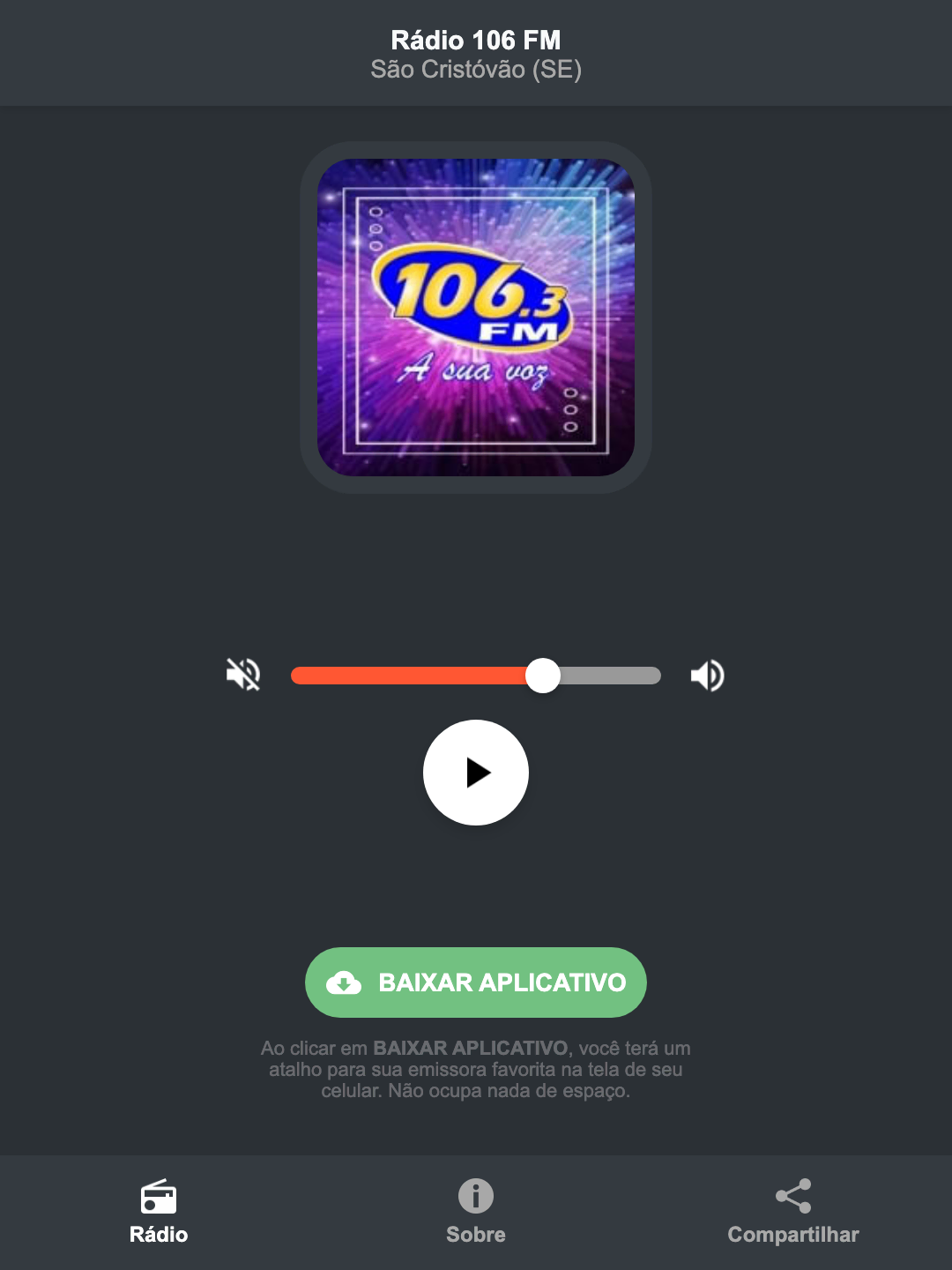 Screenshot do aplicativo da Rádio 106 FM