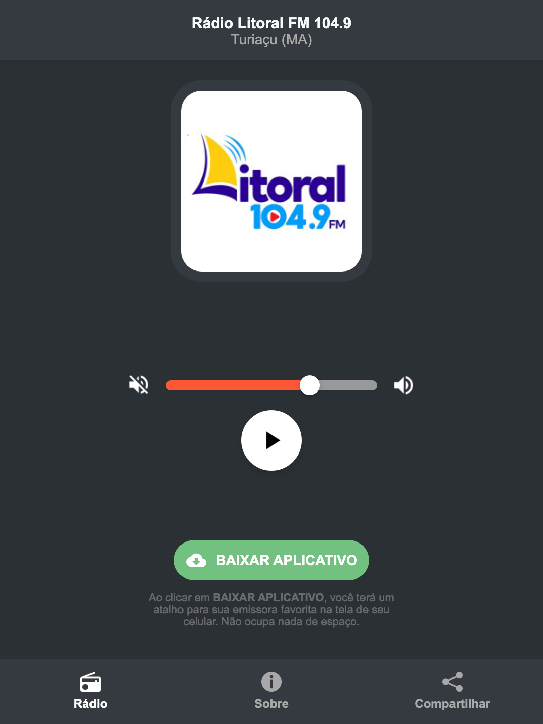 Screenshot do aplicativo da Rádio Litoral FM 104.9