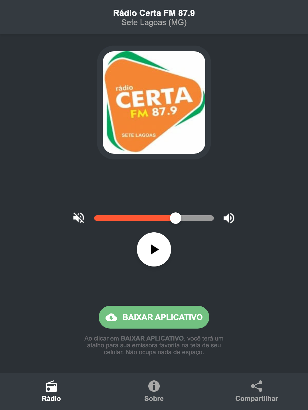 Screenshot do aplicativo da Rádio Certa FM 87.9
